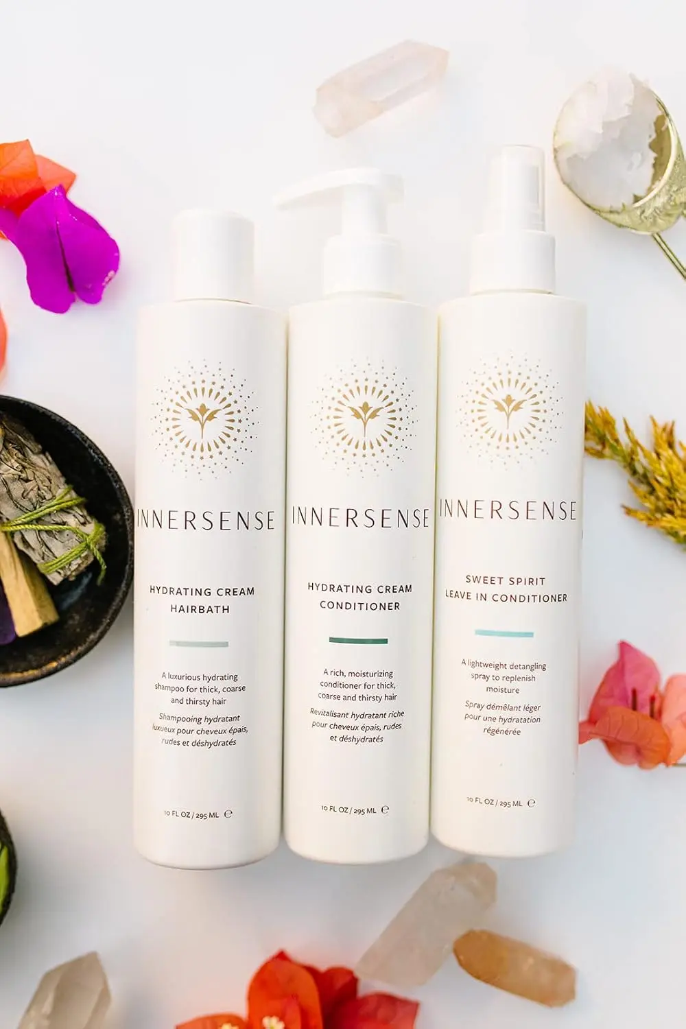 The Innersense Organic Beauty Hydrate Trio includes a full-size hydrating cream hairbath, hydrating cream conditioner, and sweet spirit leave-in conditioner, ideal for thick, coarse, dry, or curly hair that is color-safe and made with ethically sourced, organic ingredients.