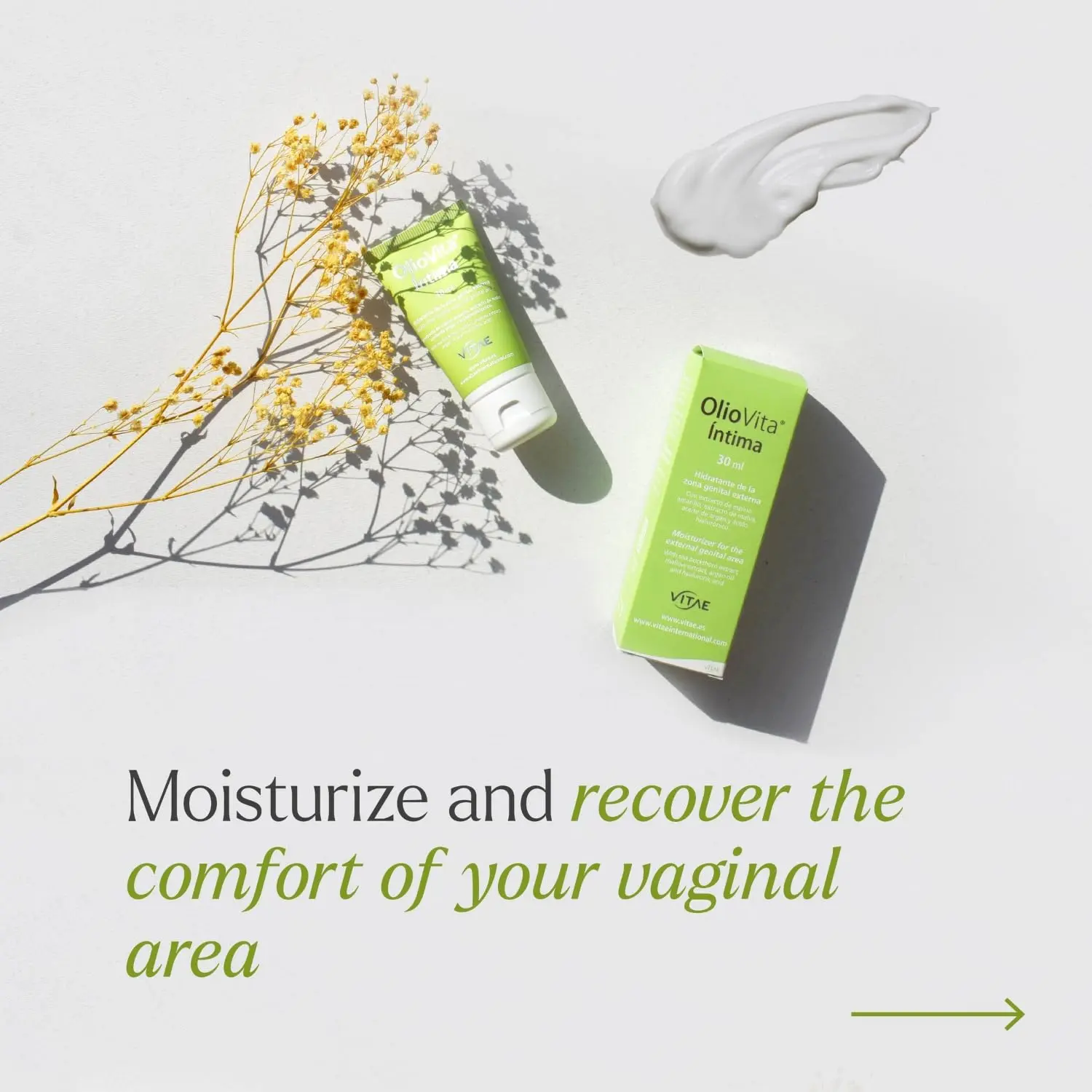 Vitae OlioVita intimate cream for hydration and regeneration, enriched with sea buckthorn, mallow extract, argan oil, and hyaluronic acid to soothe, protect, and moisturize the intimate area.