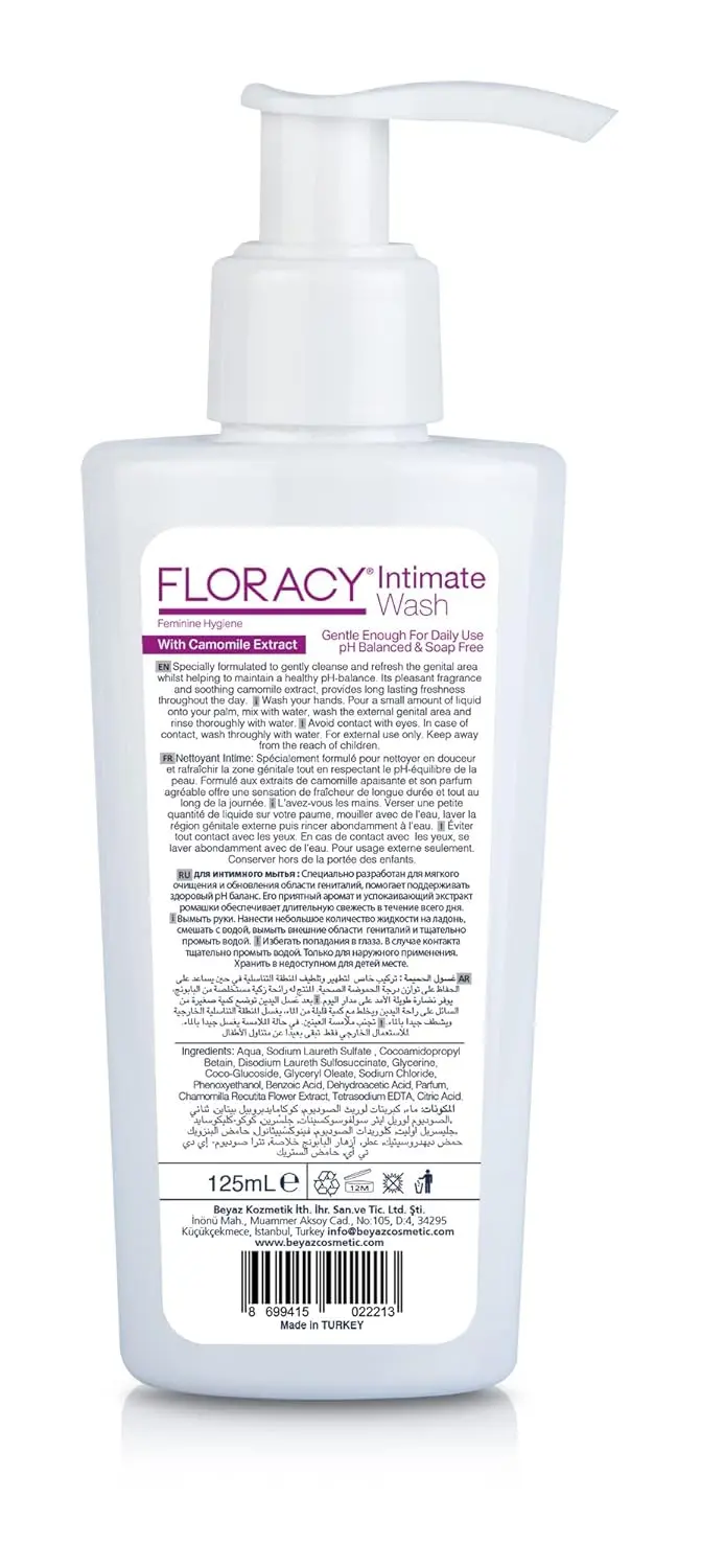 A bottle of Intimate Wash, designed to gently cleanse, deodorize, and protect the intimate area from bacteria, dryness, and infections, promoting daily feminine hygiene and supporting the treatment of vaginitis.