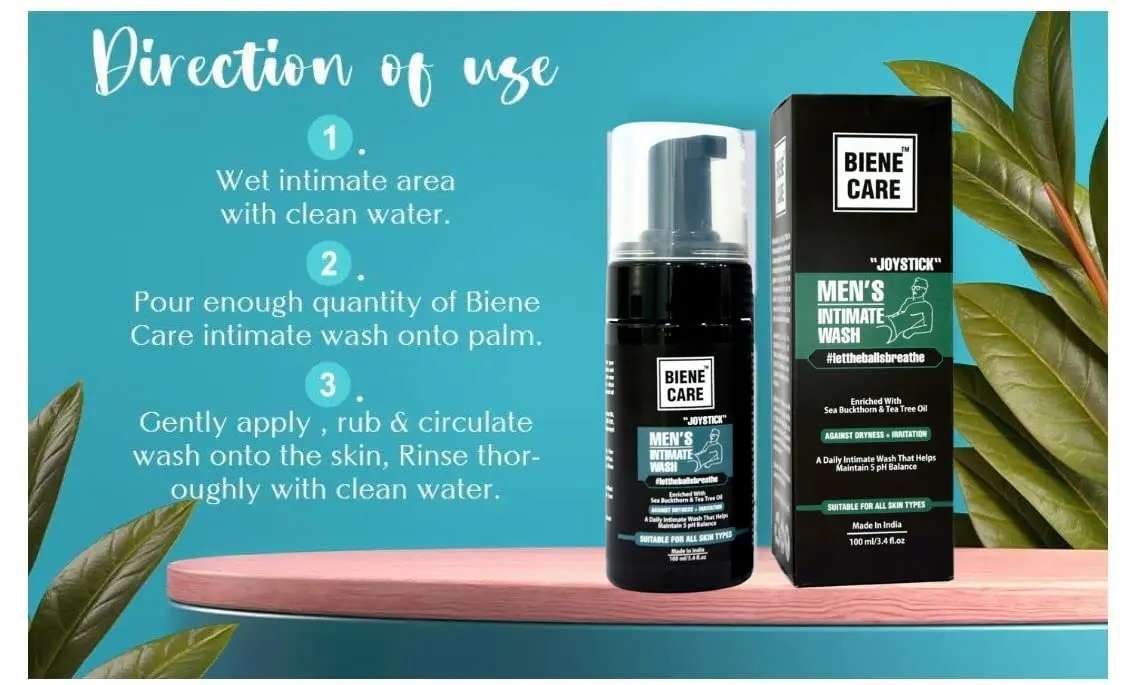 Biene Care intimate wash for men with sea buckthorn and tea tree oil helps prevent odour, dryness, and fungal infections for better hygiene.