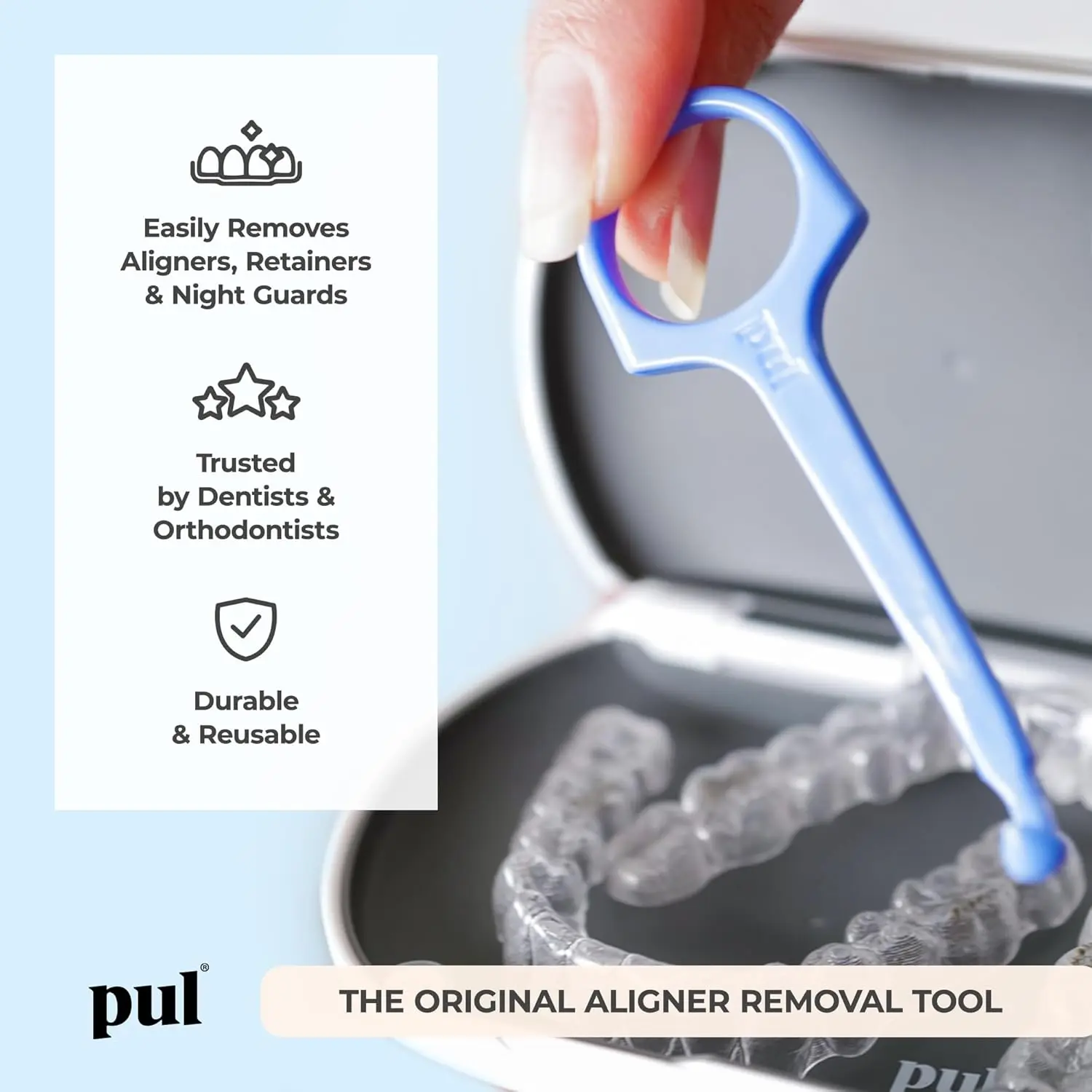 PULTOOL clear aligner removal tool, designed by a dental assistant, makes removing Invisalign, Smile Direct Club, and clear aligners easy, hygienic, and discreet, even with attachments.