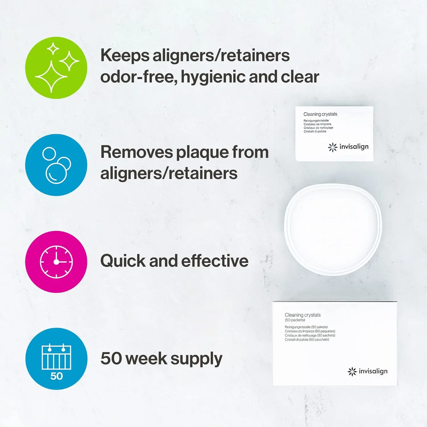 This kit includes 50 packets of Invisalign cleaning crystals and a cleaning tub to remove plaque and keep your aligners clear and hygienic in just 15 minutes.