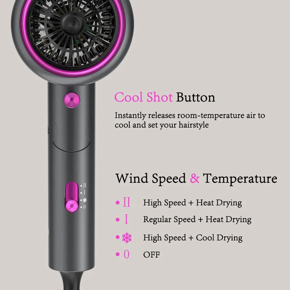 This foldable 2400W ionic hair dryer in gray includes a diffuser and concentrators for fast drying and styling at home or while traveling.