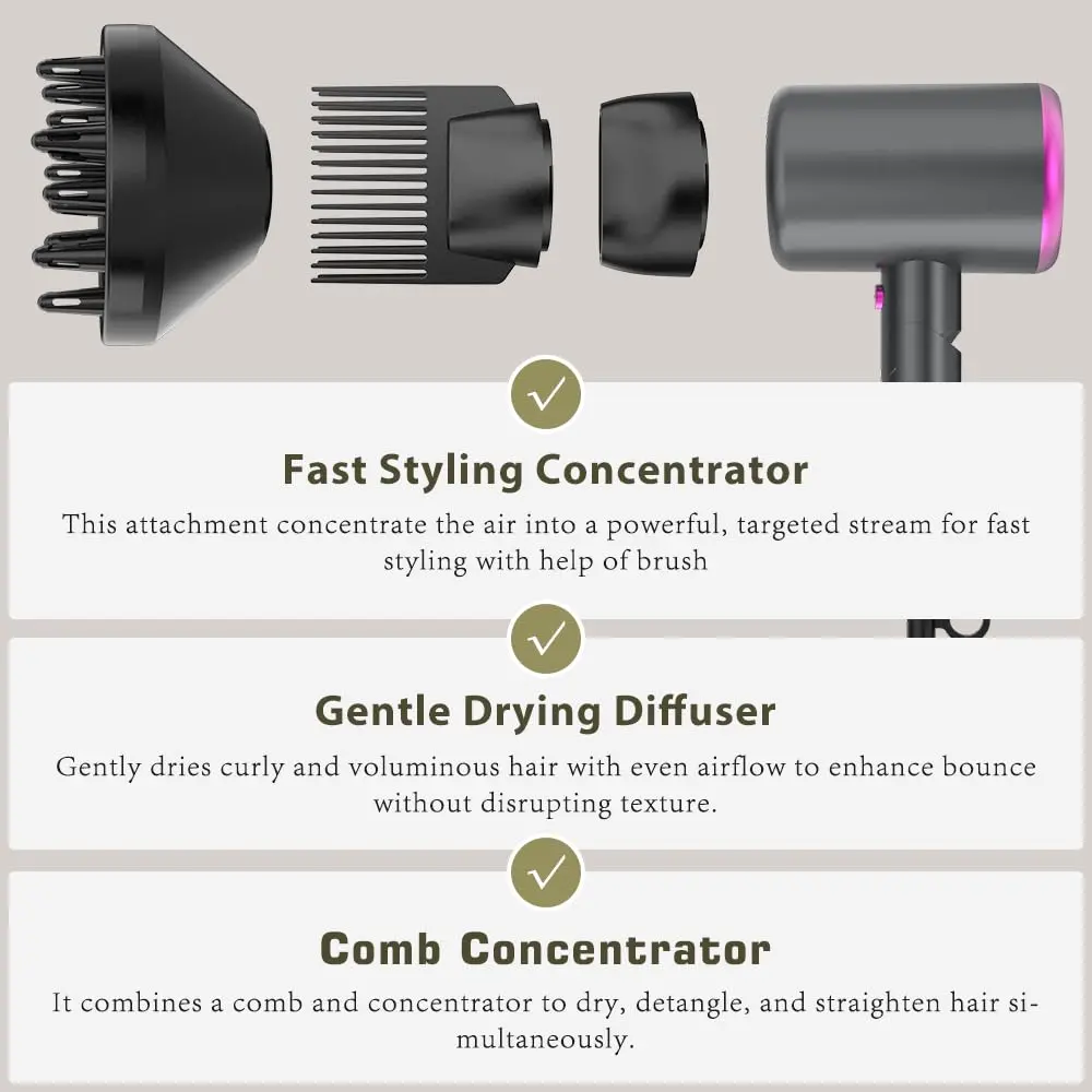 This foldable 2400W ionic hair dryer in gray includes a diffuser and concentrators for fast drying and styling at home or while traveling.
