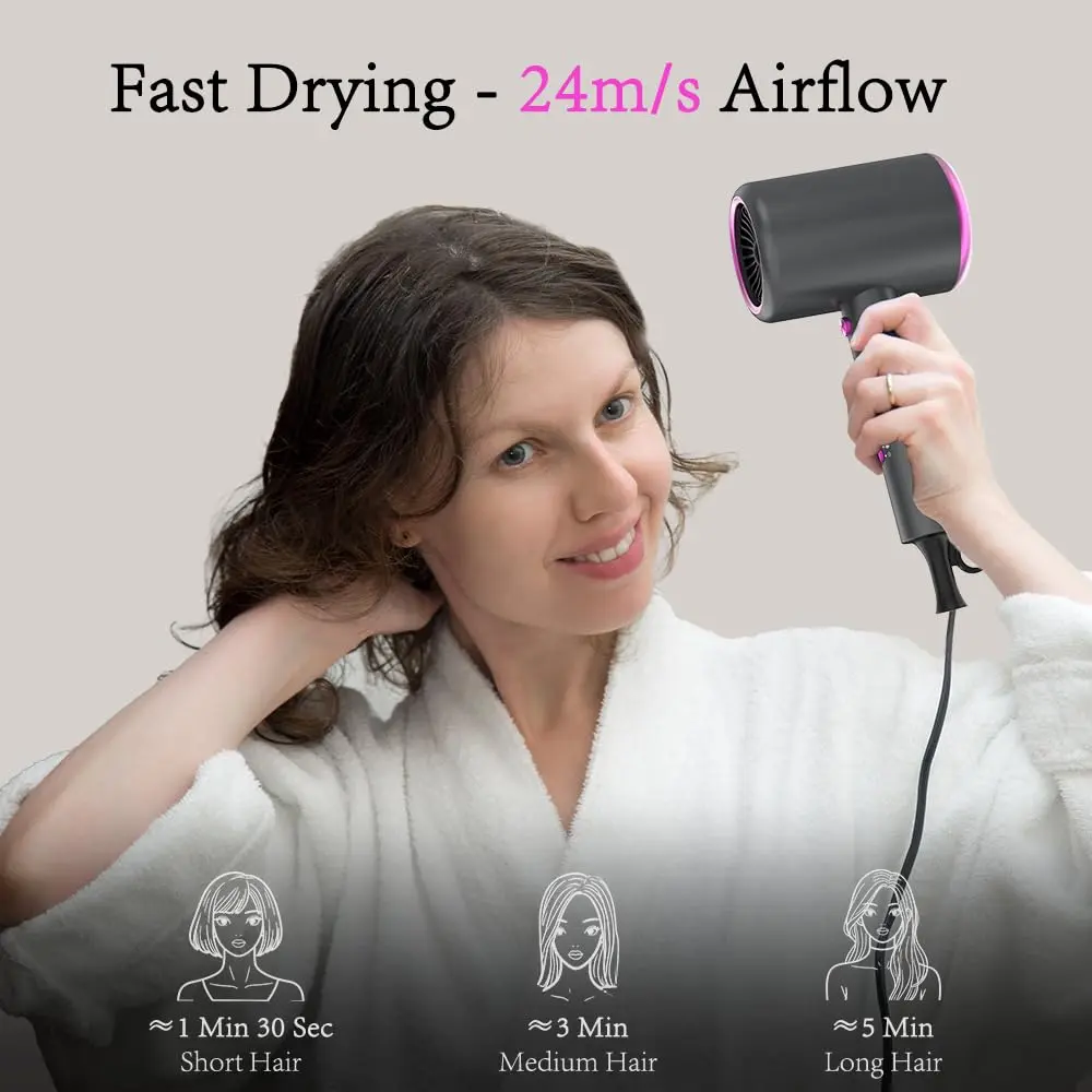 This foldable 2400W ionic hair dryer in gray includes a diffuser and concentrators for fast drying and styling at home or while traveling.