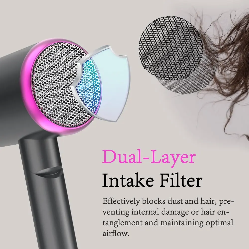This foldable 2400W ionic hair dryer in gray includes a diffuser and concentrators for fast drying and styling at home or while traveling.