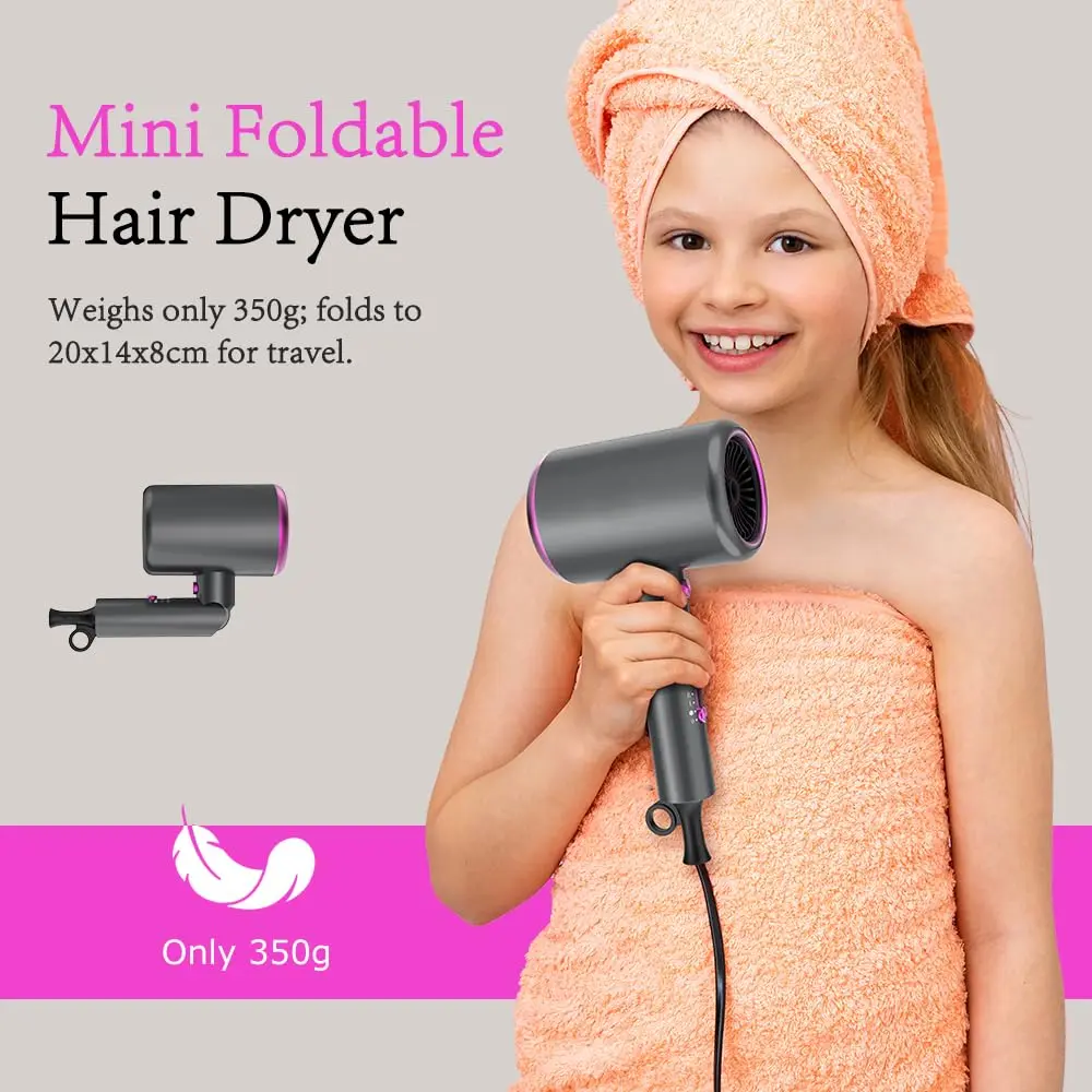 This foldable 2400W ionic hair dryer in gray includes a diffuser and concentrators for fast drying and styling at home or while traveling.