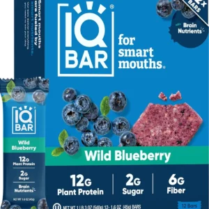 A box of IQBAR Wild Blueberry brain and body nutrition bars, perfect for a keto, paleo, or vegan diet, packed with 11g of plant protein, only 1g of sugar and 4g net carbs.