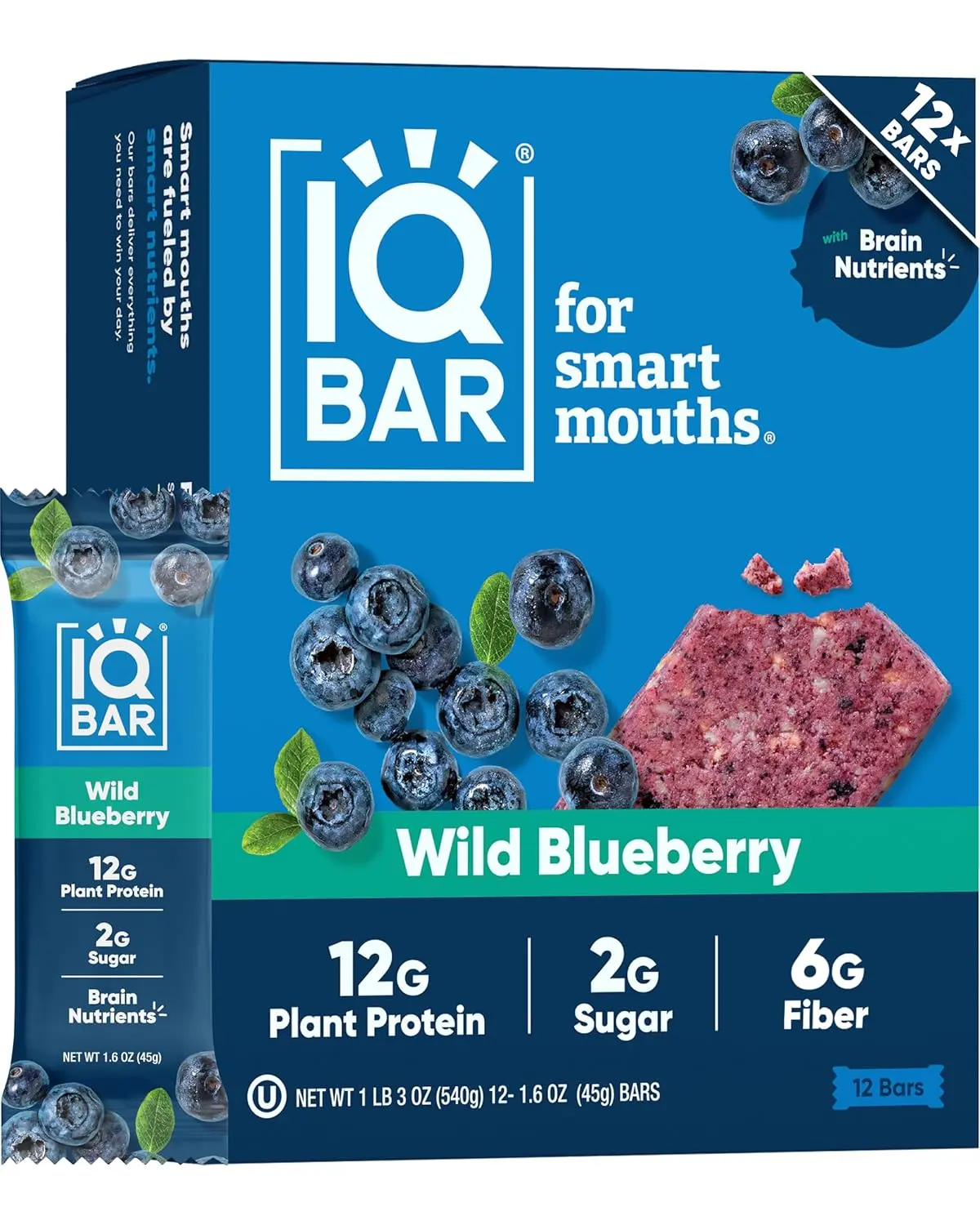 A box of IQBAR Wild Blueberry brain and body nutrition bars, perfect for a keto, paleo, or vegan diet, packed with 11g of plant protein, only 1g of sugar and 4g net carbs.