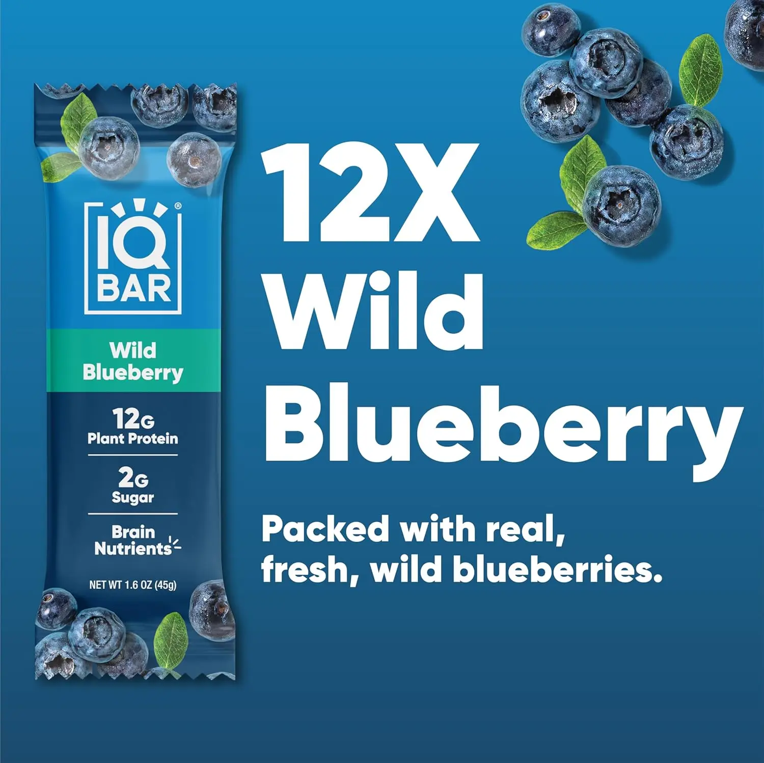 A box of IQBAR Wild Blueberry brain and body nutrition bars, perfect for a keto, paleo, or vegan diet, packed with 11g of plant protein, only 1g of sugar and 4g net carbs.