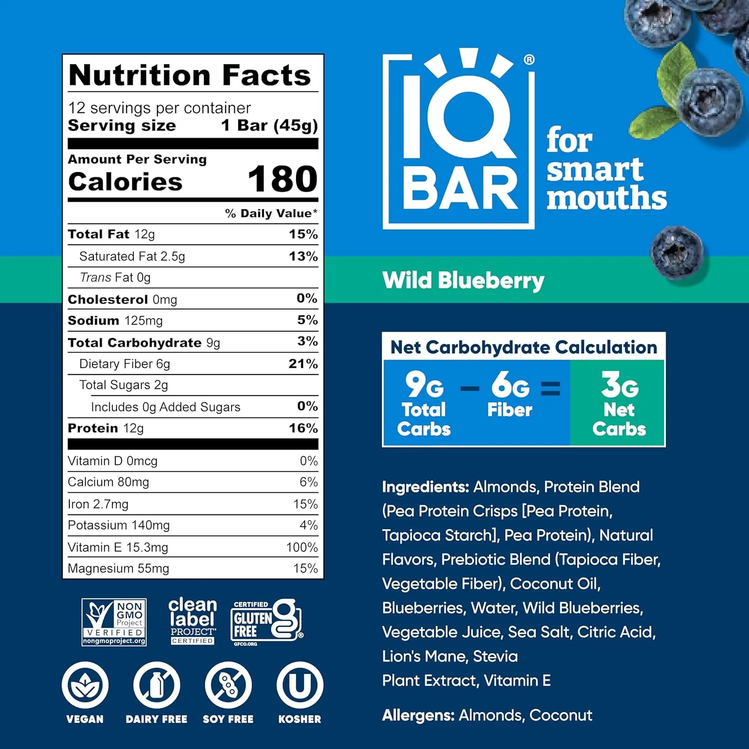 A box of IQBAR Wild Blueberry brain and body nutrition bars, perfect for a keto, paleo, or vegan diet, packed with 11g of plant protein, only 1g of sugar and 4g net carbs.