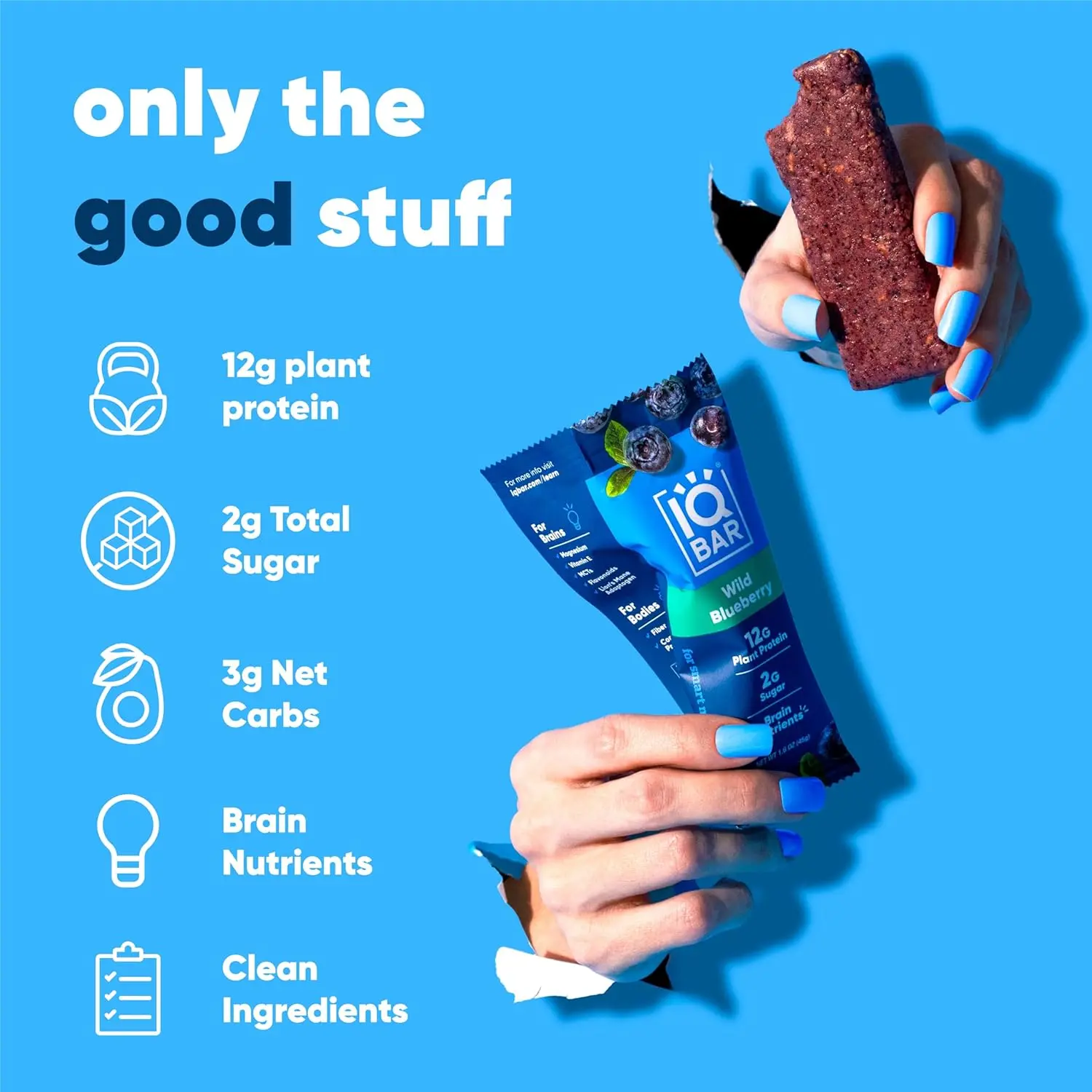 A box of IQBAR Wild Blueberry brain and body nutrition bars, perfect for a keto, paleo, or vegan diet, packed with 11g of plant protein, only 1g of sugar and 4g net carbs.