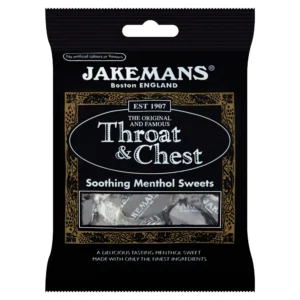 Bag of Jakemans throat and chest lozenges, each 100g and completely free from harsh chemicals.