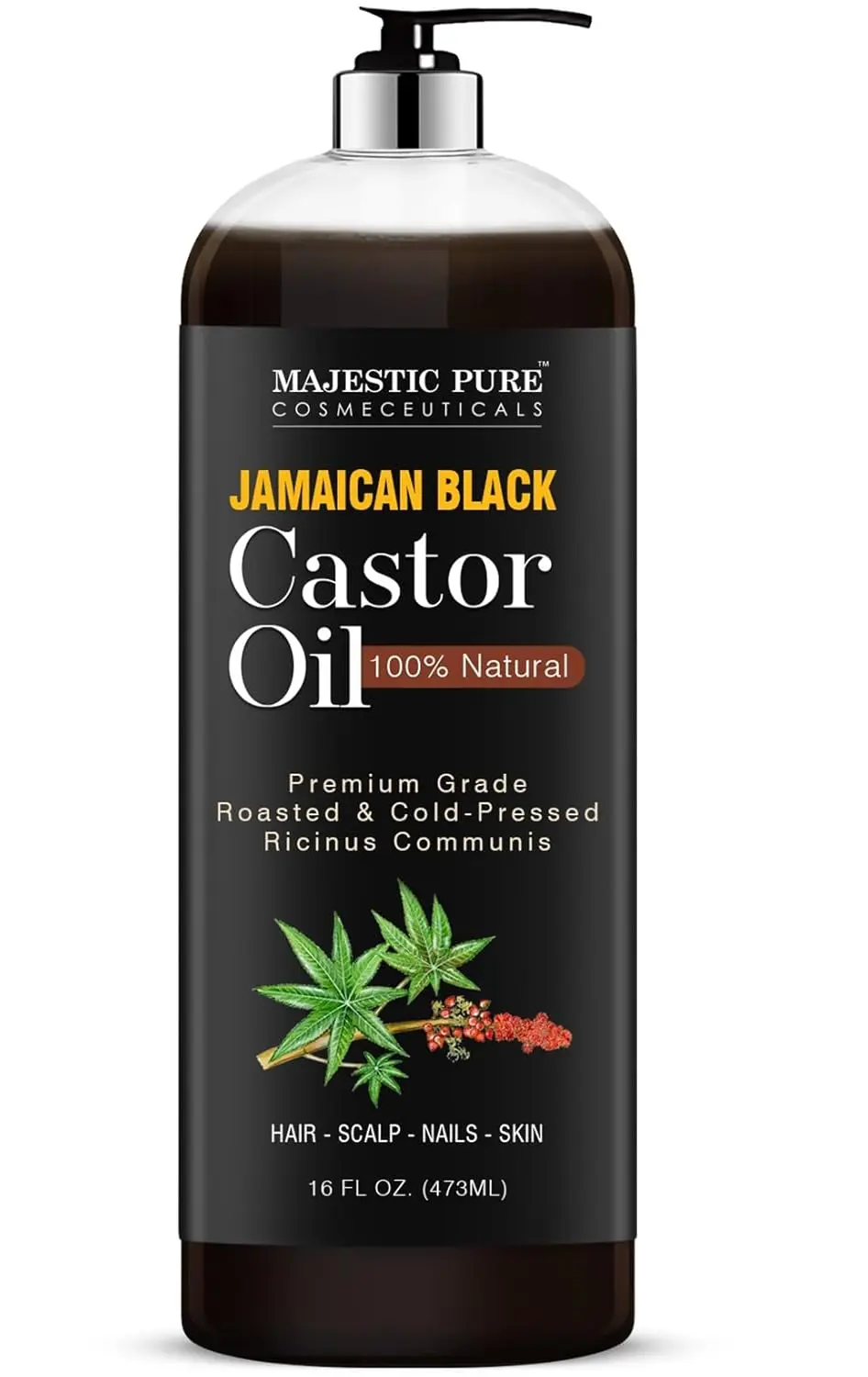 Bottle of Jamaican Black Castor Oil by Majestic Pure for moisturizing hair, skin, and nails.