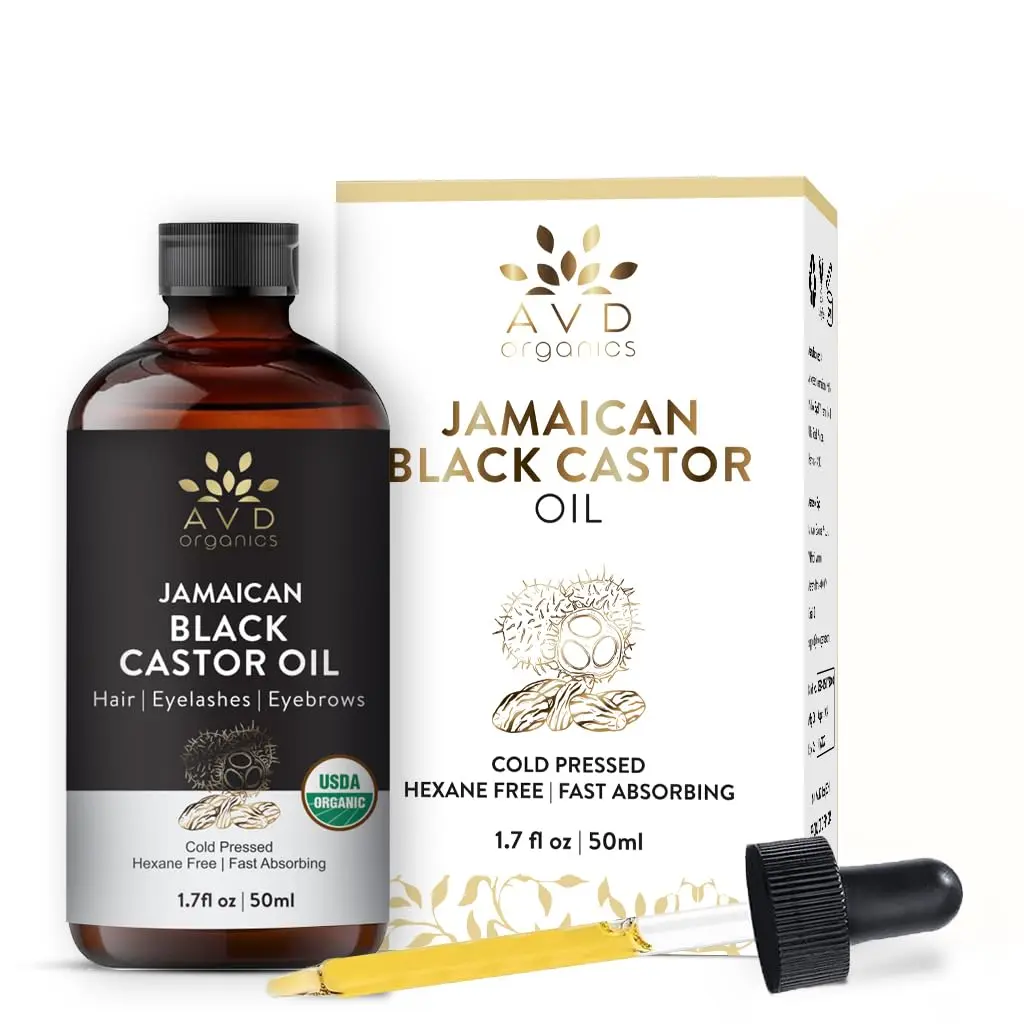 A bottle of AVD Organics Jamaican Black Castor Oil with dropper, ideal for promoting hair growth, moisturizing skin, and enhancing eyelashes and eyebrows.