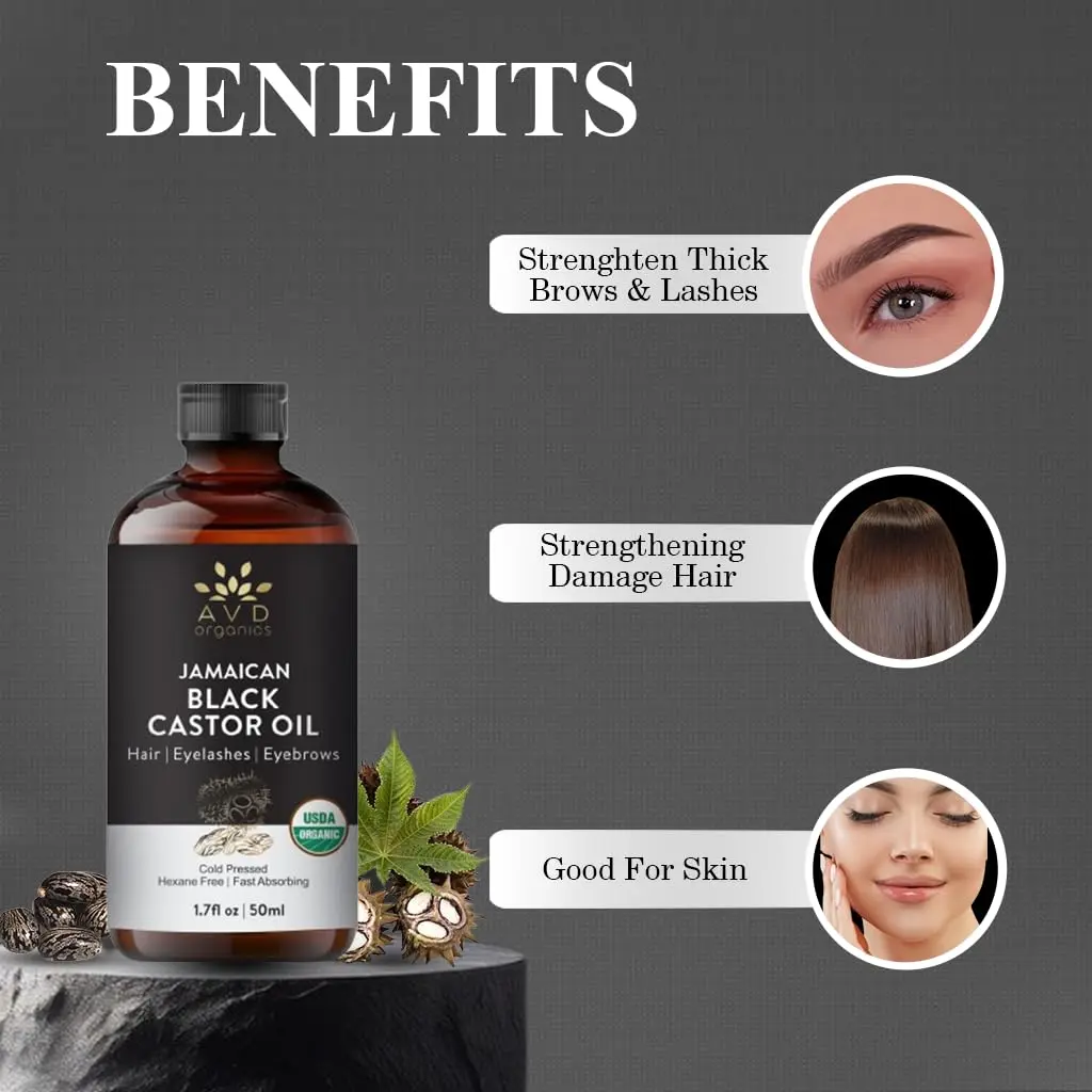 A bottle of AVD Organics Jamaican Black Castor Oil with dropper, ideal for promoting hair growth, moisturizing skin, and enhancing eyelashes and eyebrows.
