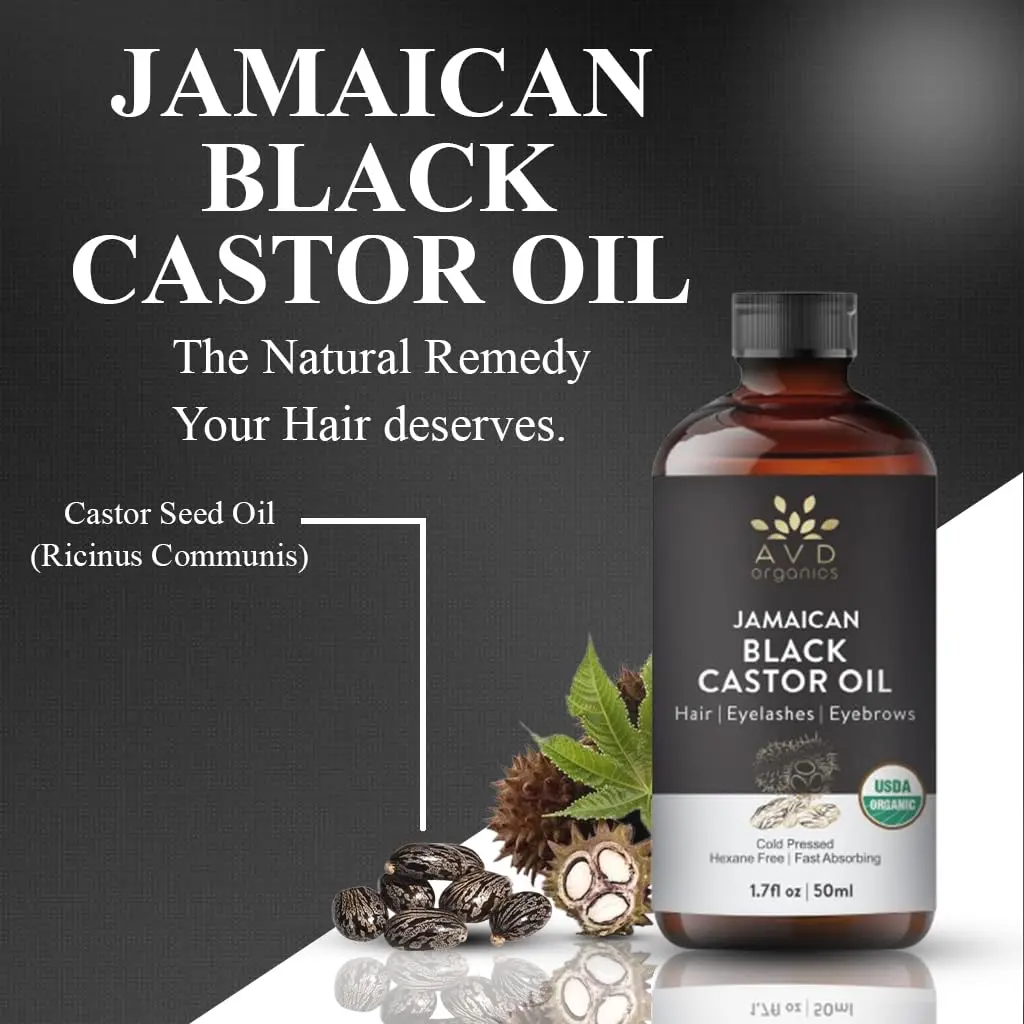 A bottle of AVD Organics Jamaican Black Castor Oil with dropper, ideal for promoting hair growth, moisturizing skin, and enhancing eyelashes and eyebrows.