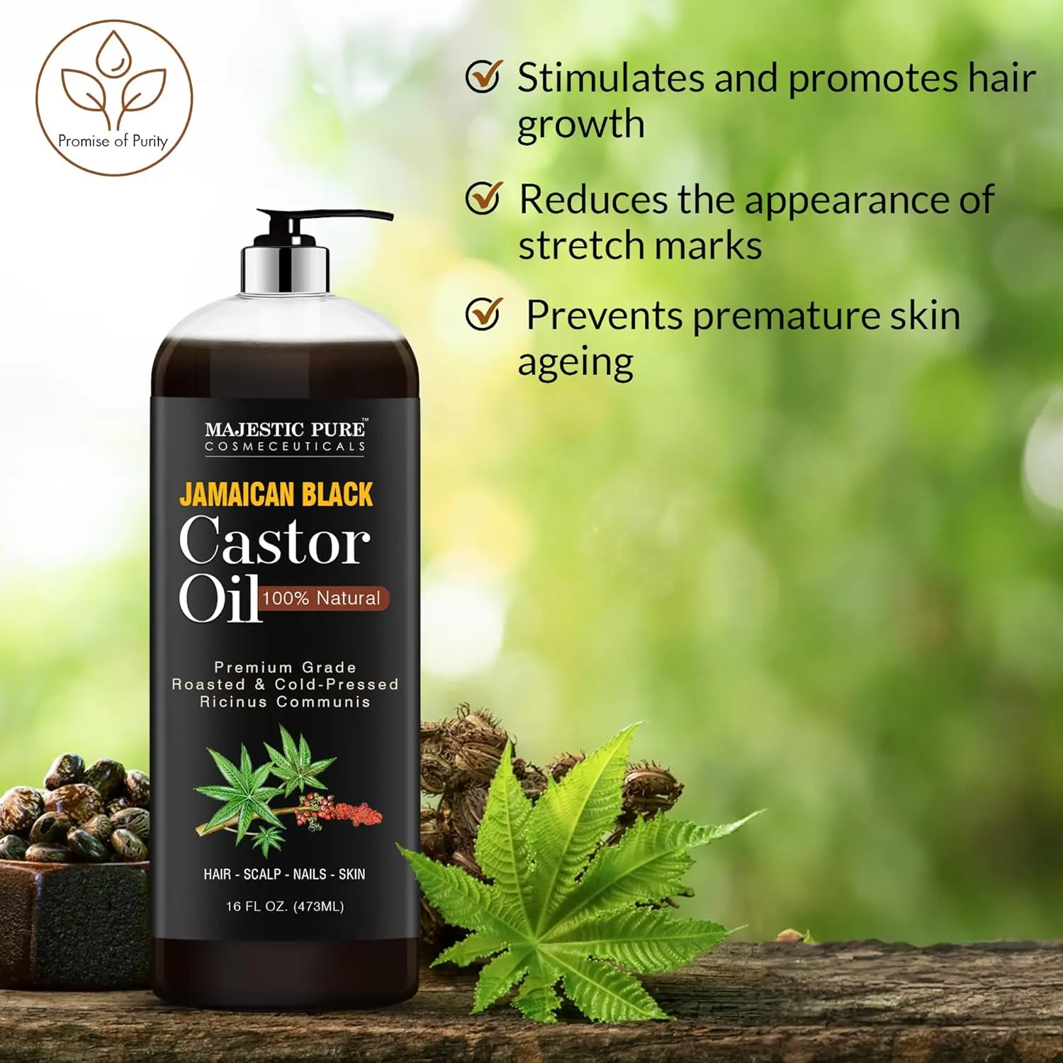 Bottle of Jamaican Black Castor Oil by Majestic Pure for moisturizing hair, skin, and nails.
