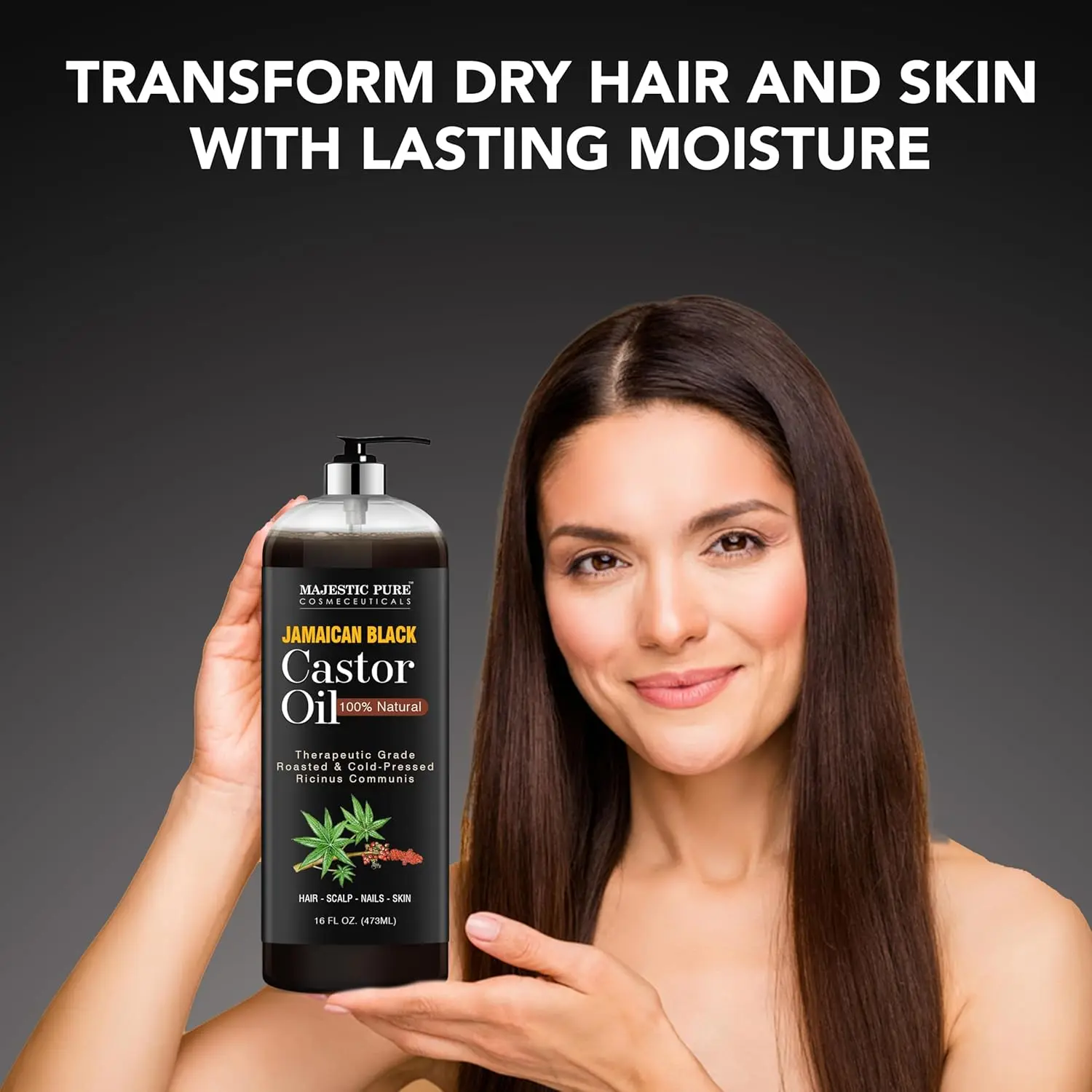 Bottle of Jamaican Black Castor Oil by Majestic Pure for moisturizing hair, skin, and nails.