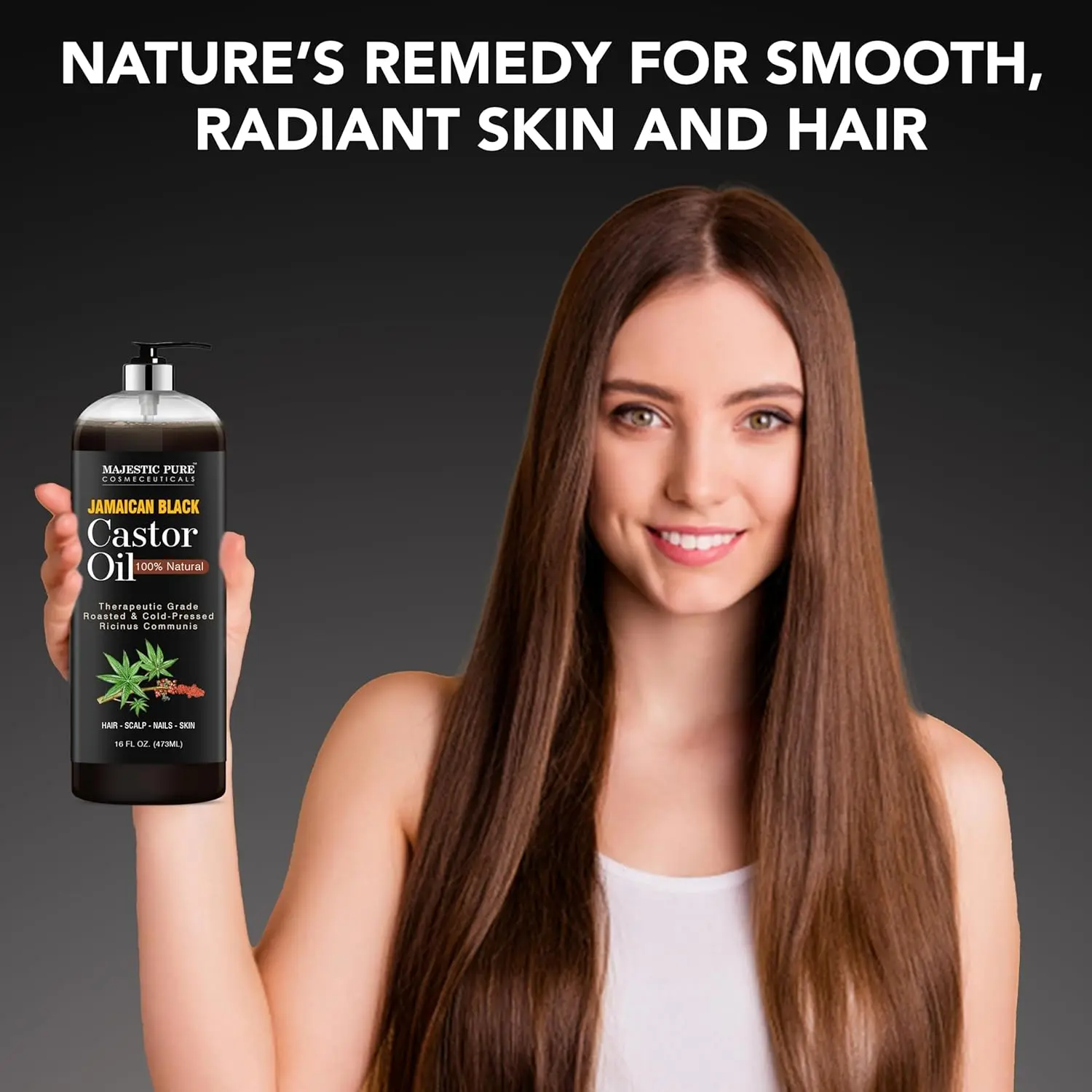 Bottle of Jamaican Black Castor Oil by Majestic Pure for moisturizing hair, skin, and nails.