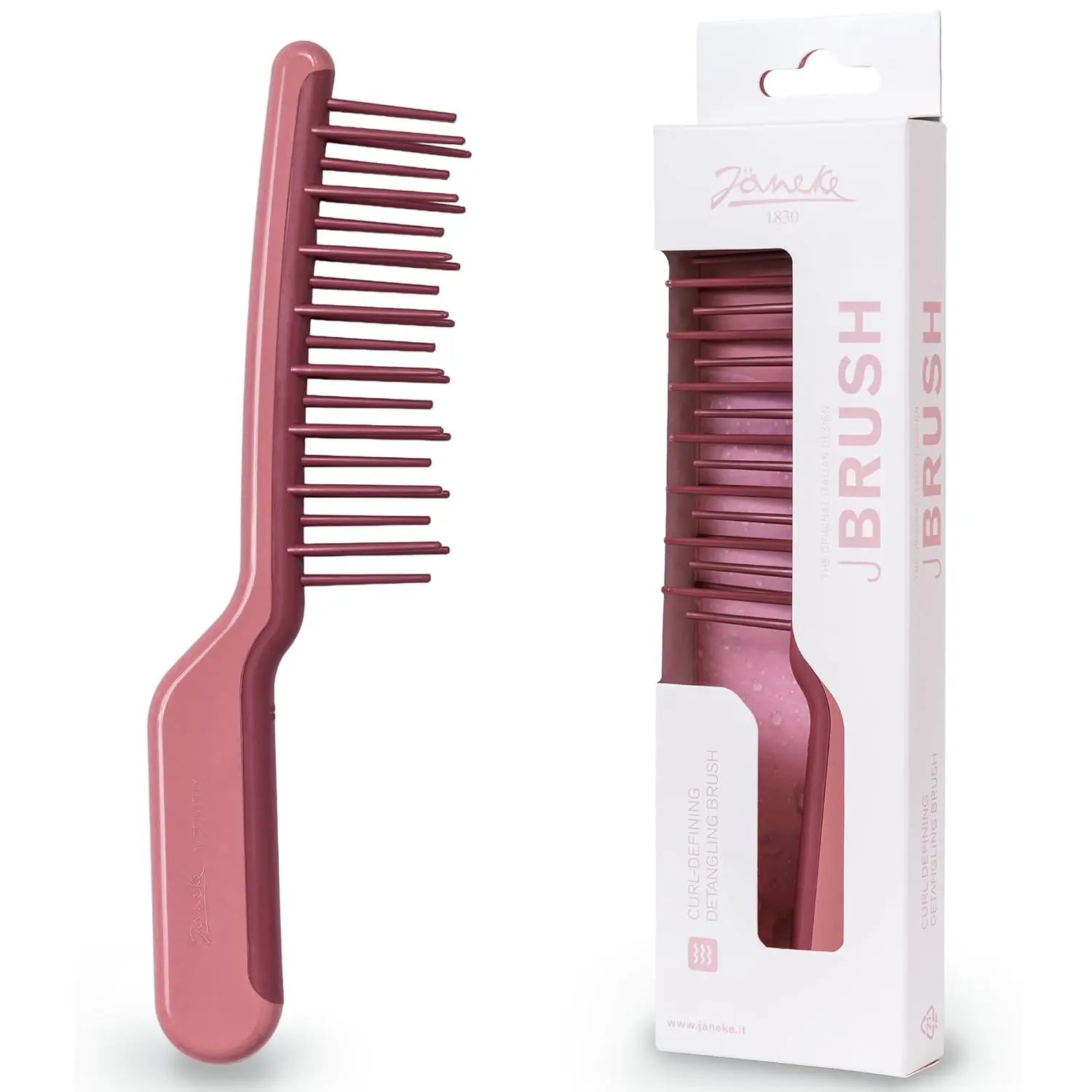 Pink Janeke J-Brush detangling comb with a curved J-shape handle and wide bristles designed to gently glide through curly hair, reducing frizz and breakage on wet or dry hair.