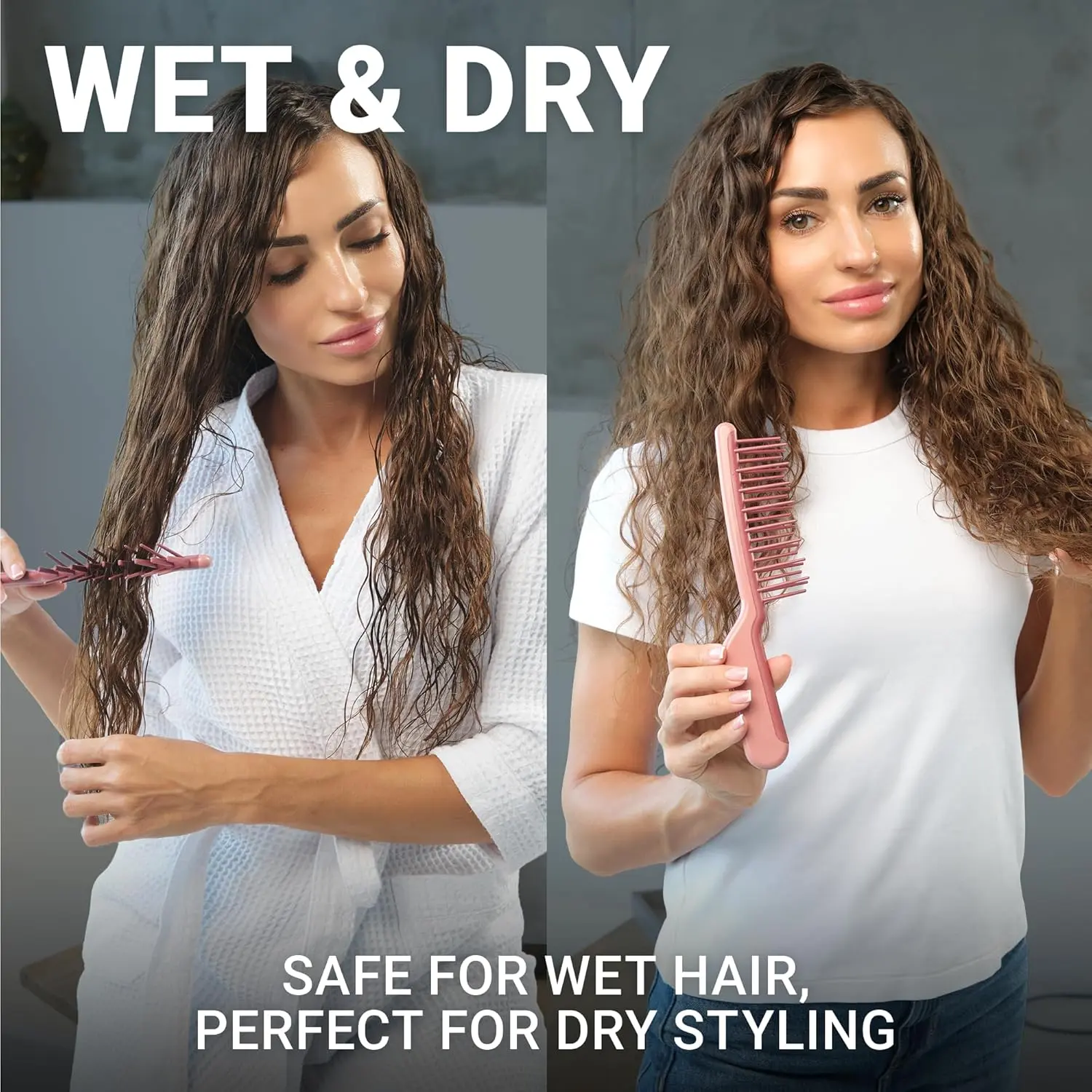 Pink Janeke J-Brush detangling comb with a curved J-shape handle and wide bristles designed to gently glide through curly hair, reducing frizz and breakage on wet or dry hair.