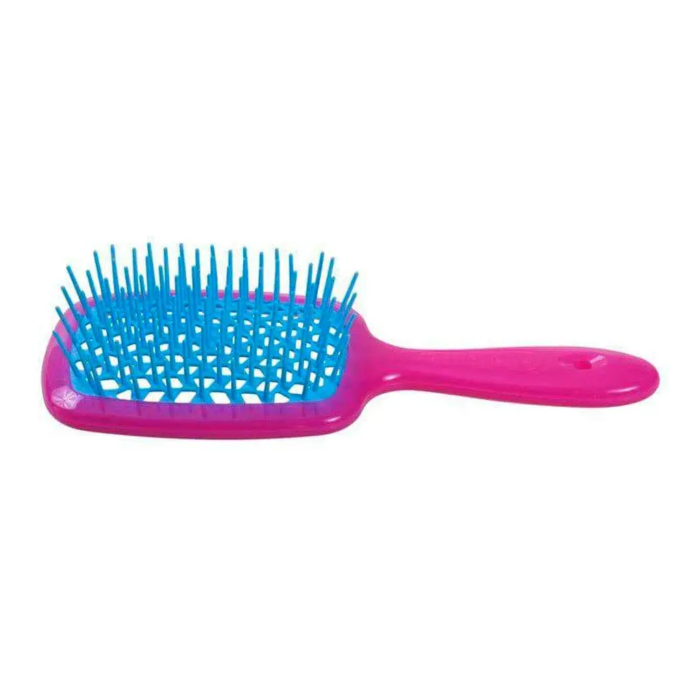 Pink Janeke J-Brush detangling comb with a curved J-shape handle and wide bristles designed to gently glide through curly hair, reducing frizz and breakage on wet or dry hair.