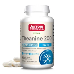 Bottle of Jarrow Formulas Theanine 200mg capsules, a dietary supplement to support relaxation and promote alpha-wave generation.
