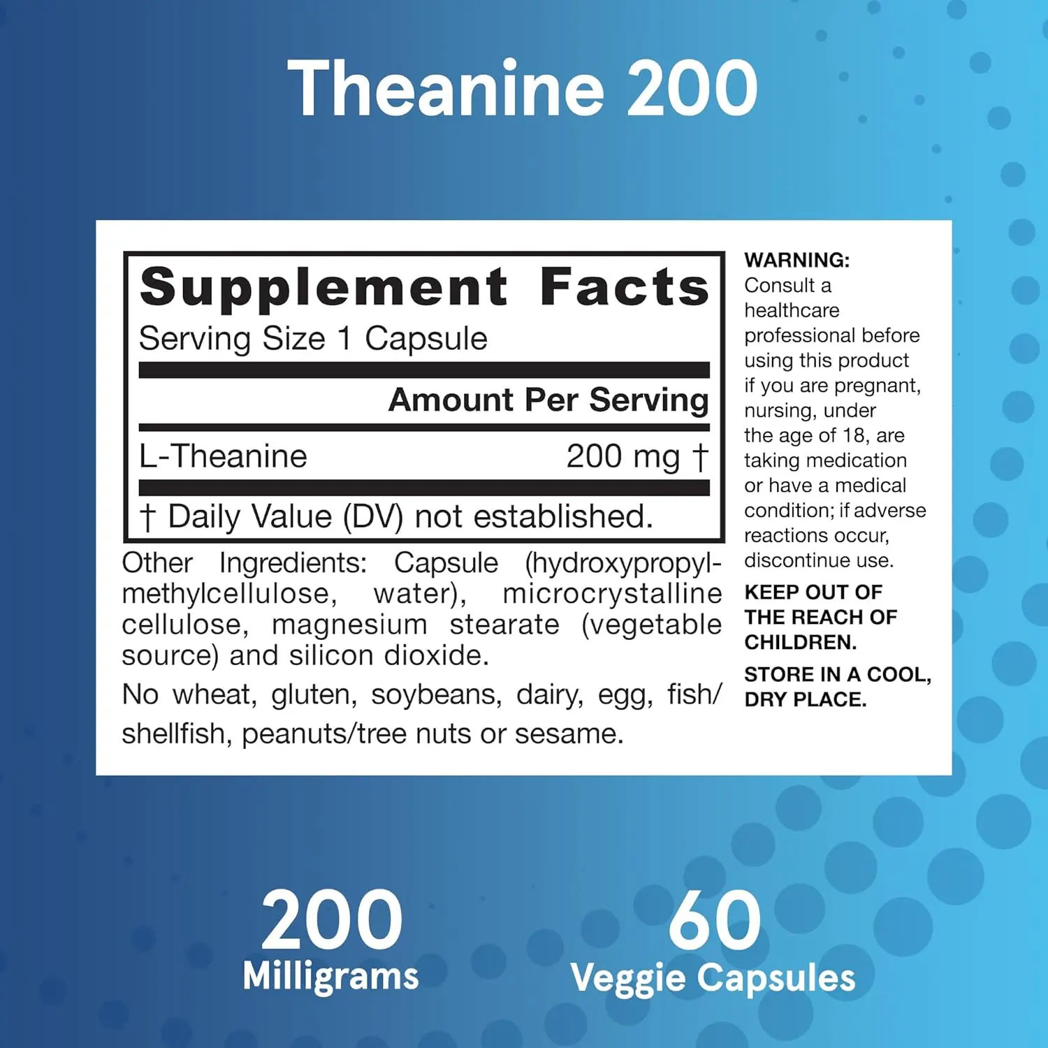Bottle of Jarrow Formulas Theanine 200mg capsules, a dietary supplement to support relaxation and promote alpha-wave generation.