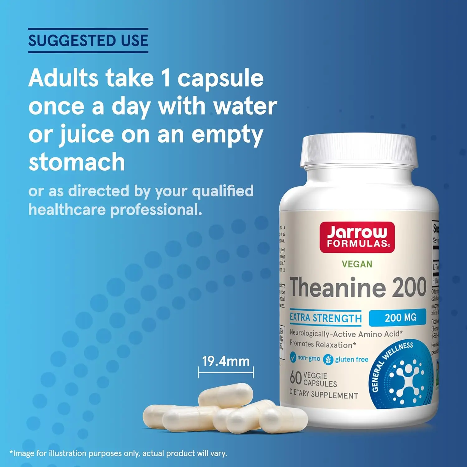 Bottle of Jarrow Formulas Theanine 200mg capsules, a dietary supplement to support relaxation and promote alpha-wave generation.