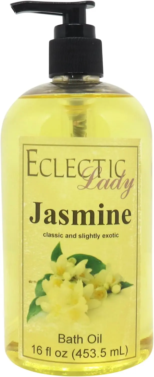 This is a bottle of Jasmine Bath Oil, 16 oz, a classic and slightly exotic floral fragrance that is phthalate free.