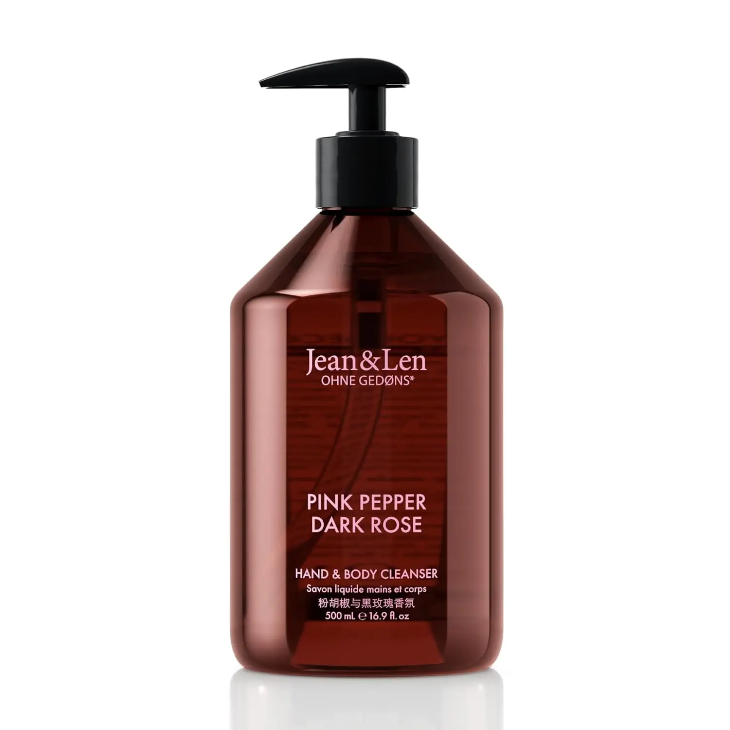 A bottle of Jean & Len Pink Pepper & Dark Rose hand and body cleanser, a vegan liquid soap with a sensual floral fragrance for a fragrant cleaning experience.