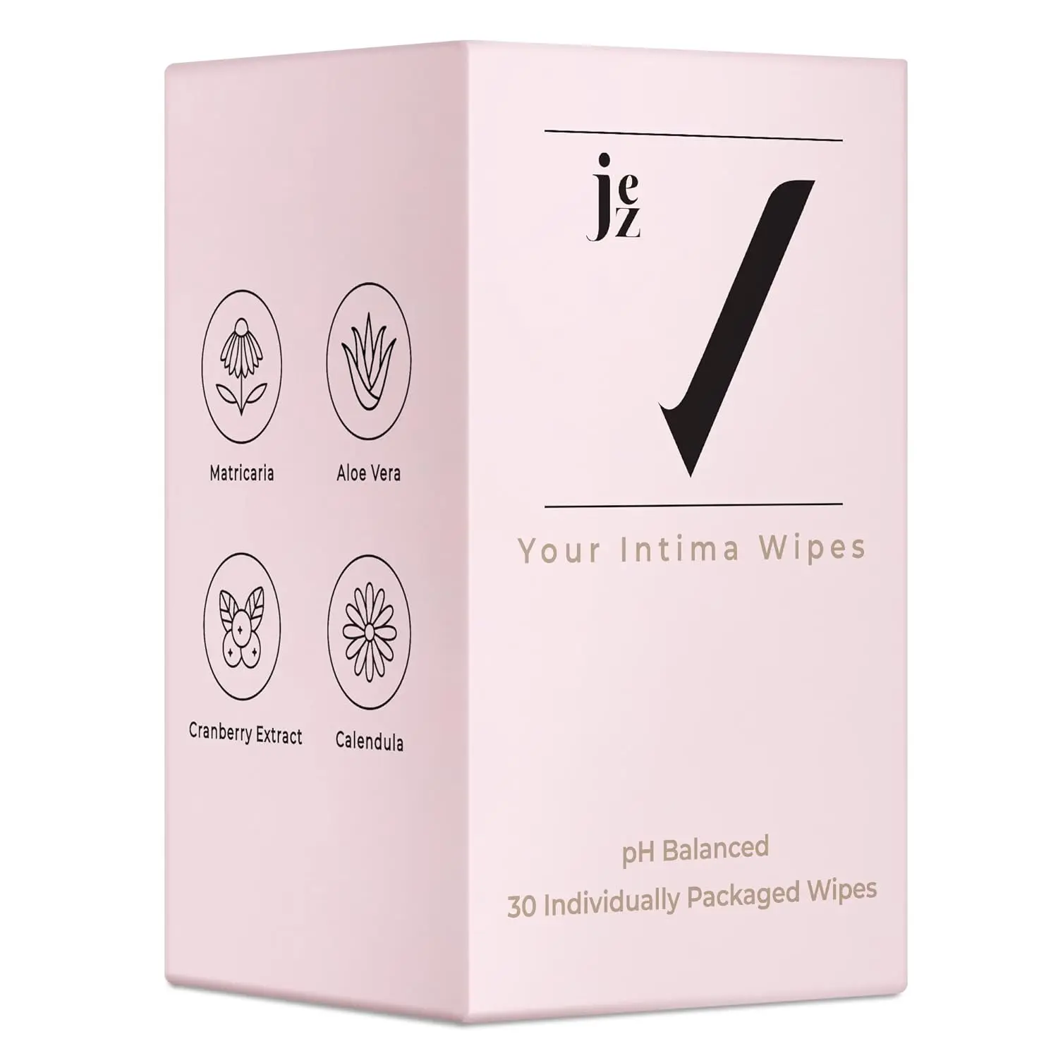 Individually wrapped JEZ Intima Wipes designed for feminine hygiene and gentle cleansing of dry skin on the go.