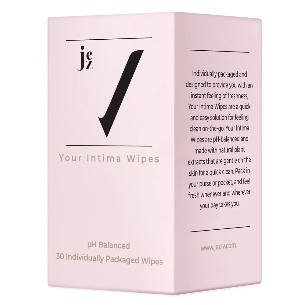 Individually wrapped JEZ Intima Wipes designed for feminine hygiene and gentle cleansing of dry skin on the go.