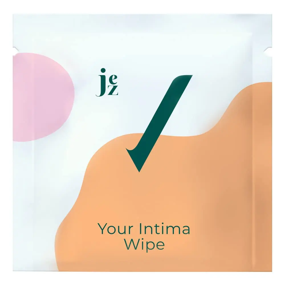 Individually wrapped JEZ Intima Wipes designed for feminine hygiene and gentle cleansing of dry skin on the go.