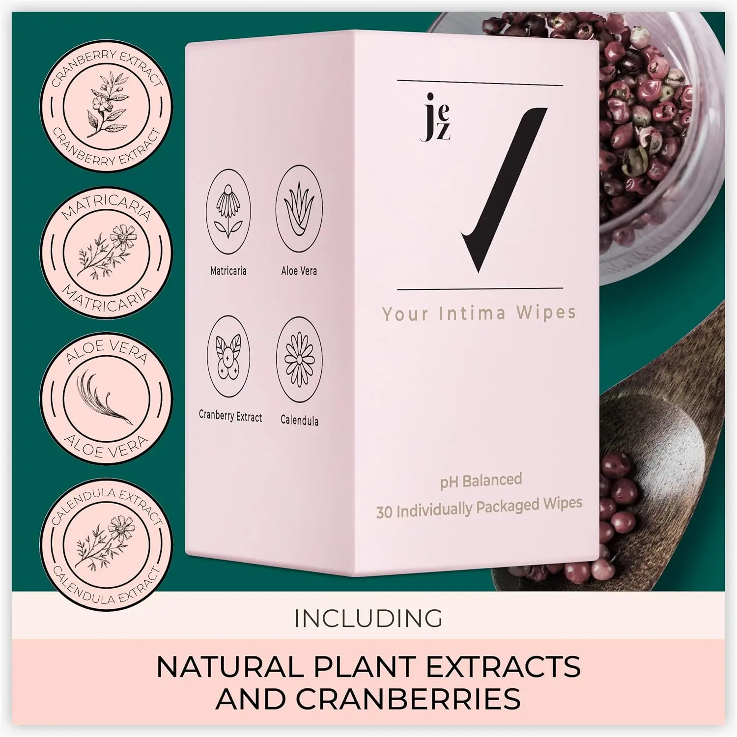 Individually wrapped JEZ Intima Wipes designed for feminine hygiene and gentle cleansing of dry skin on the go.