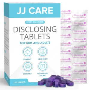 This package contains 120 berry-flavored JJ Care plaque disclosing tablets for kids and adults, individually wrapped for freshness and easy travel, to help identify areas where brushing needs improvement.