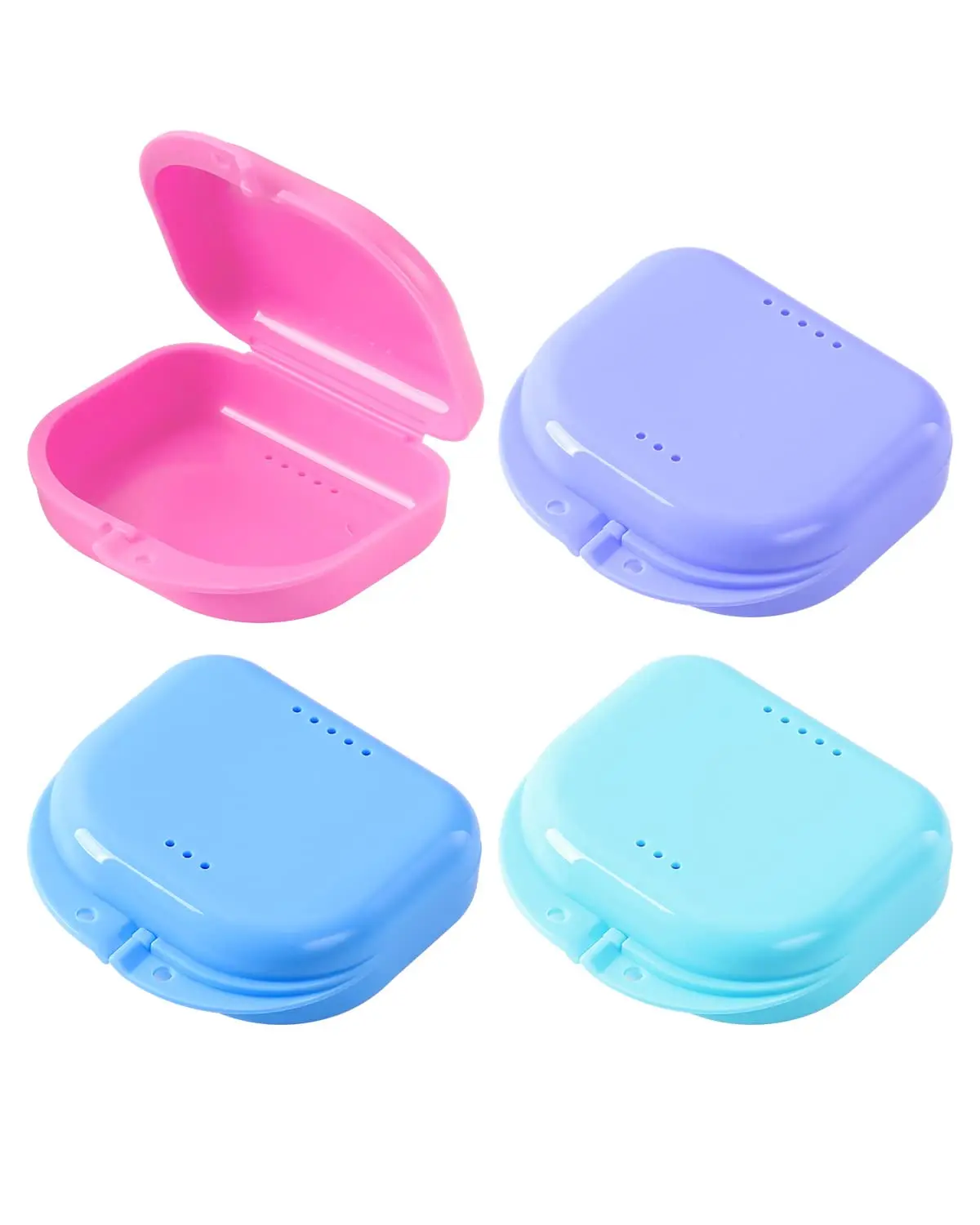 This 4 pack of JMU retainer cases in assorted colors offers convenient and sanitary storage for dental appliances like retainers, aligners, and mouth guards, featuring vent holes and a secure snap closure.