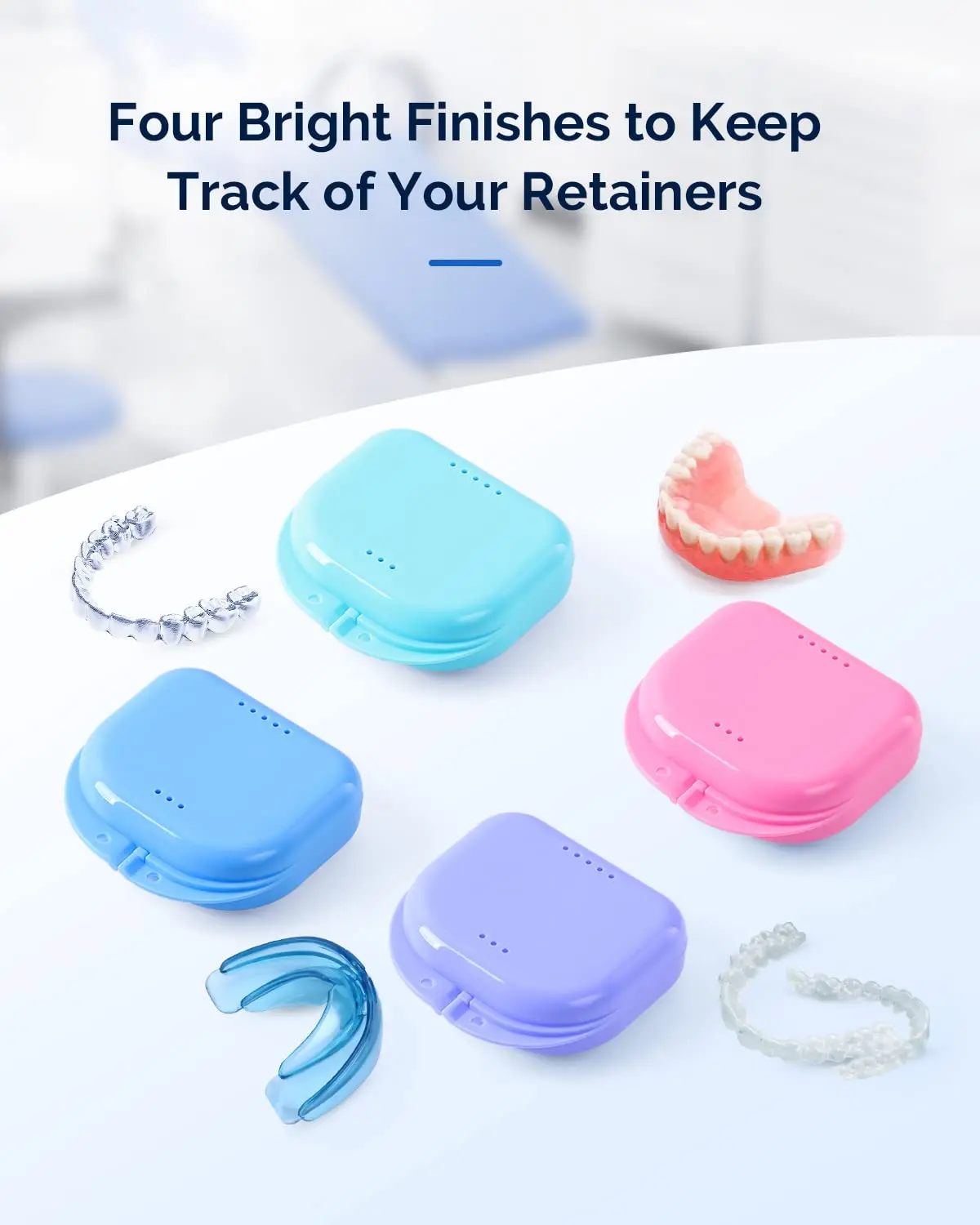 This 4 pack of JMU retainer cases in assorted colors offers convenient and sanitary storage for dental appliances like retainers, aligners, and mouth guards, featuring vent holes and a secure snap closure.