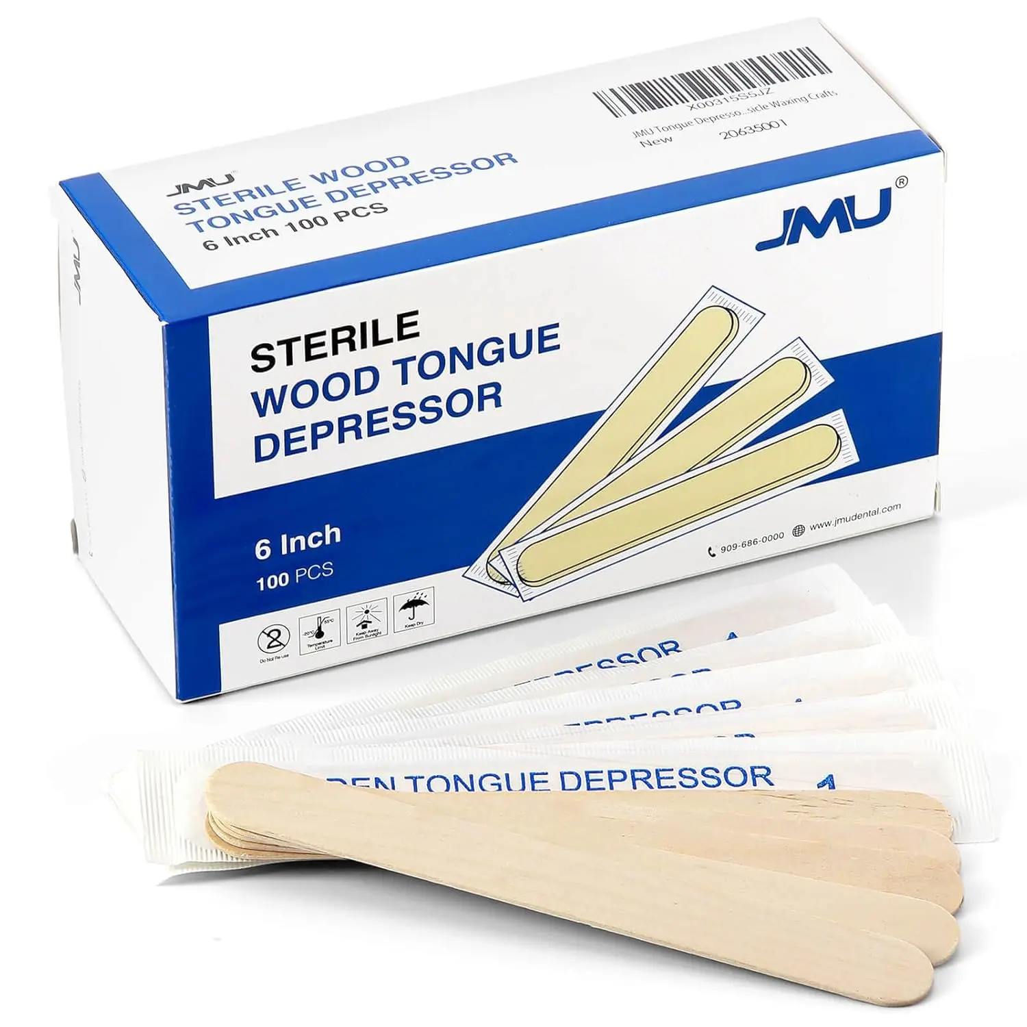 Sterile, individually wrapped wooden tongue depressors by JMU, ideal for oral exams and wax application.