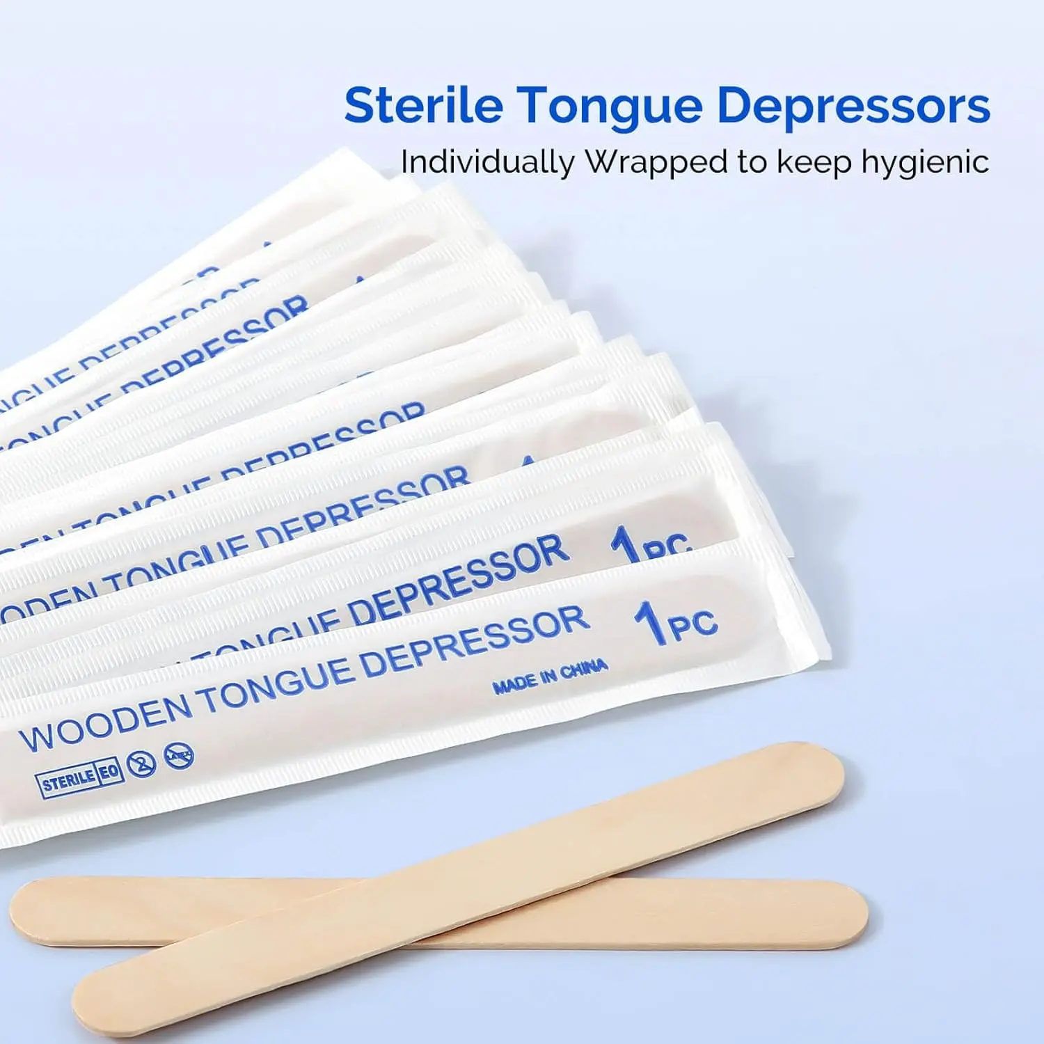 Sterile, individually wrapped wooden tongue depressors by JMU, ideal for oral exams and wax application.