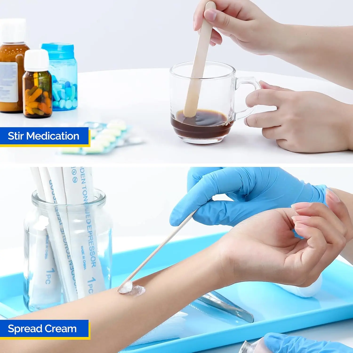 Sterile, individually wrapped wooden tongue depressors by JMU, ideal for oral exams and wax application.