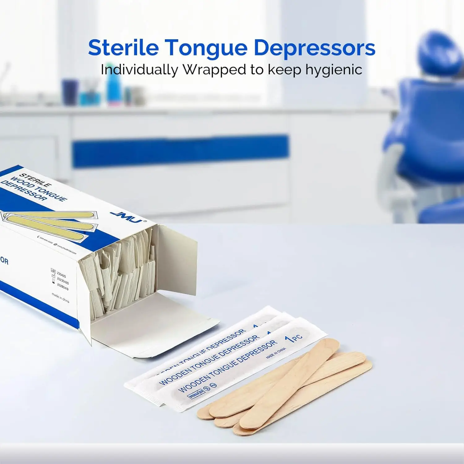 Sterile, individually wrapped wooden tongue depressors by JMU, ideal for oral exams and wax application.