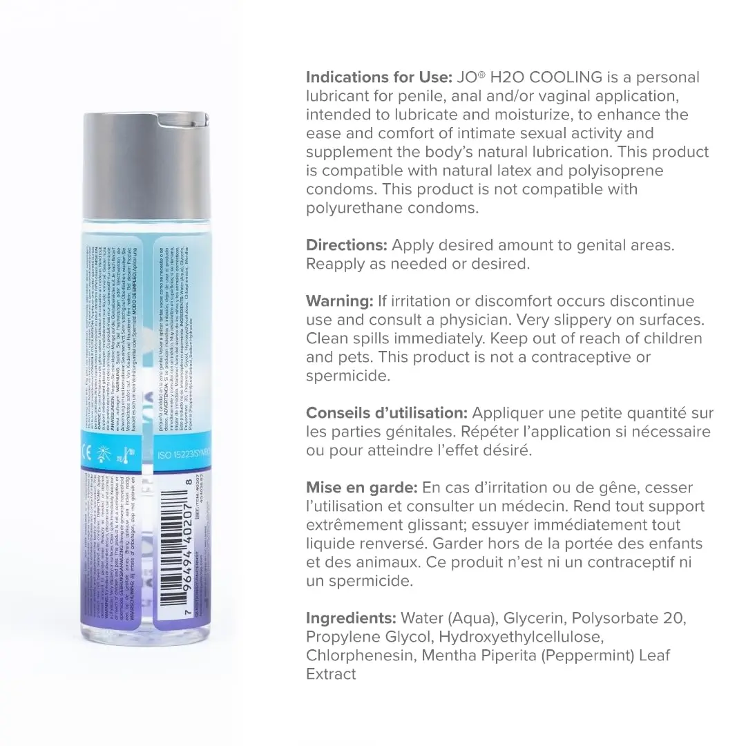A bottle of JO H2O Cooling lubricant, a water-based personal lubricant with a refreshing peppermint cooling sensation, safe for use with toys and condoms.