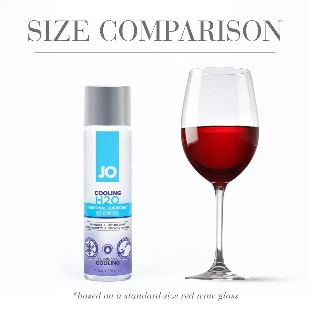 A bottle of JO H2O Cooling lubricant, a water-based personal lubricant with a refreshing peppermint cooling sensation, safe for use with toys and condoms.