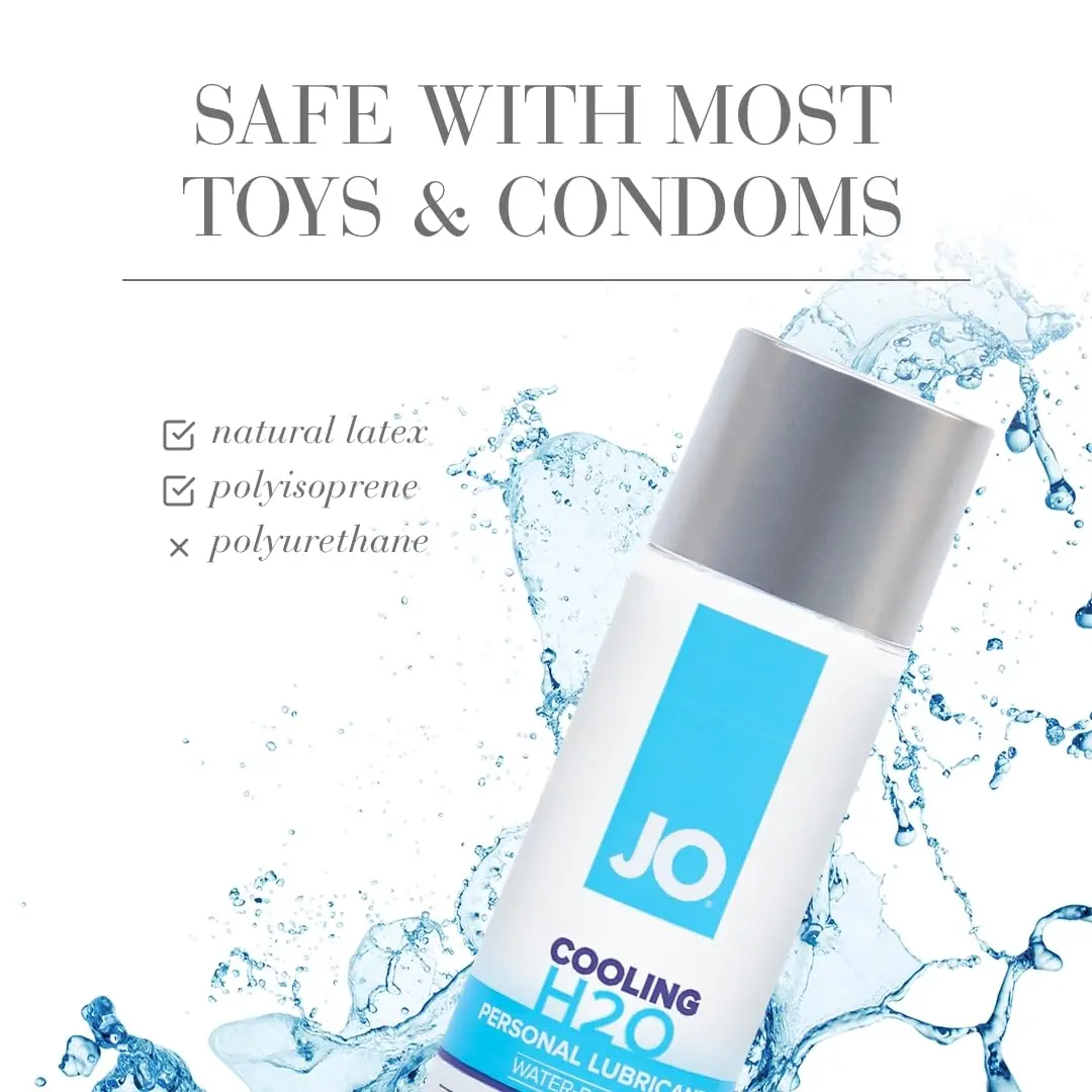 A bottle of JO H2O Cooling lubricant, a water-based personal lubricant with a refreshing peppermint cooling sensation, safe for use with toys and condoms.