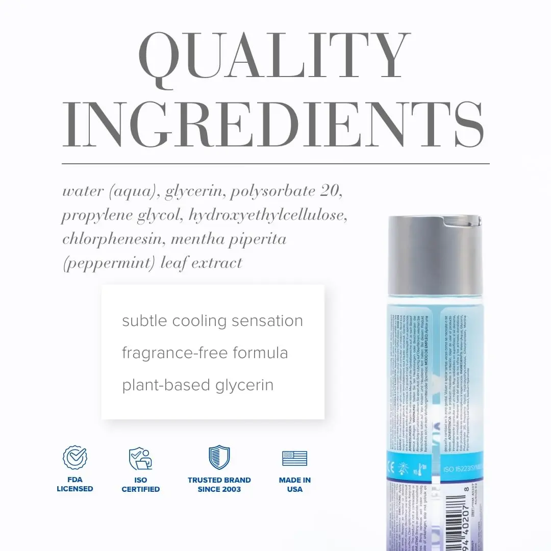 A bottle of JO H2O Cooling lubricant, a water-based personal lubricant with a refreshing peppermint cooling sensation, safe for use with toys and condoms.
