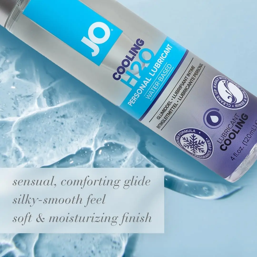 A bottle of JO H2O Cooling lubricant, a water-based personal lubricant with a refreshing peppermint cooling sensation, safe for use with toys and condoms.