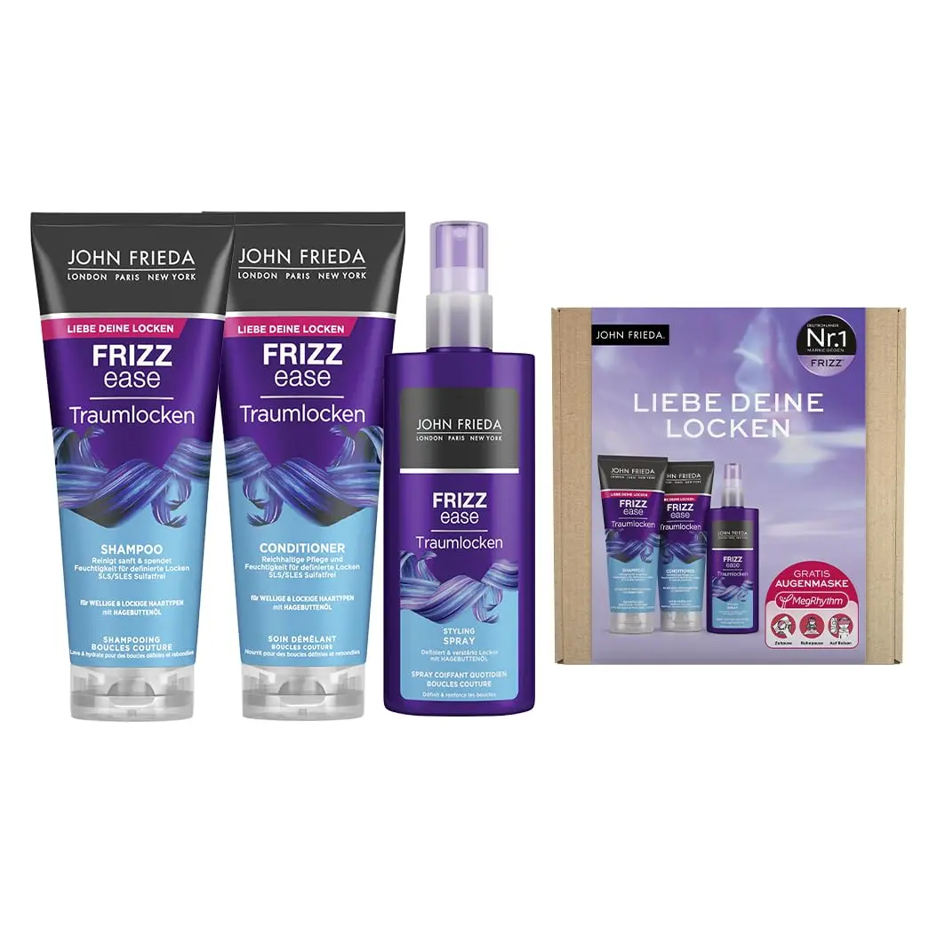 The John Frieda Dream Curls set with rosehip and Abyssinian oils includes shampoo, conditioner, and styling spray to cleanse, nourish, and define frizzy, curly, or wavy hair for bouncy curls.