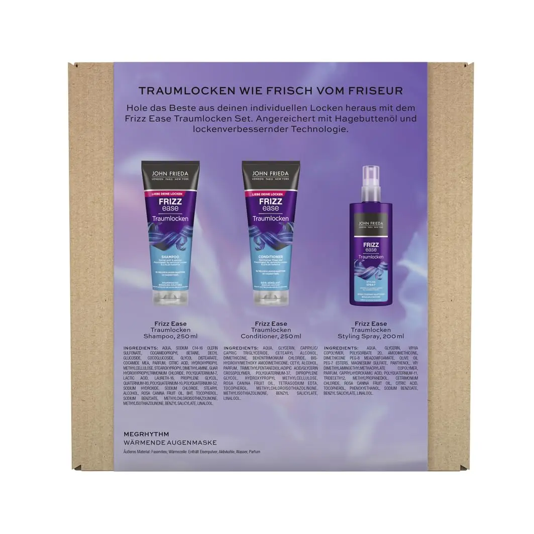 The John Frieda Dream Curls set with rosehip and Abyssinian oils includes shampoo, conditioner, and styling spray to cleanse, nourish, and define frizzy, curly, or wavy hair for bouncy curls.